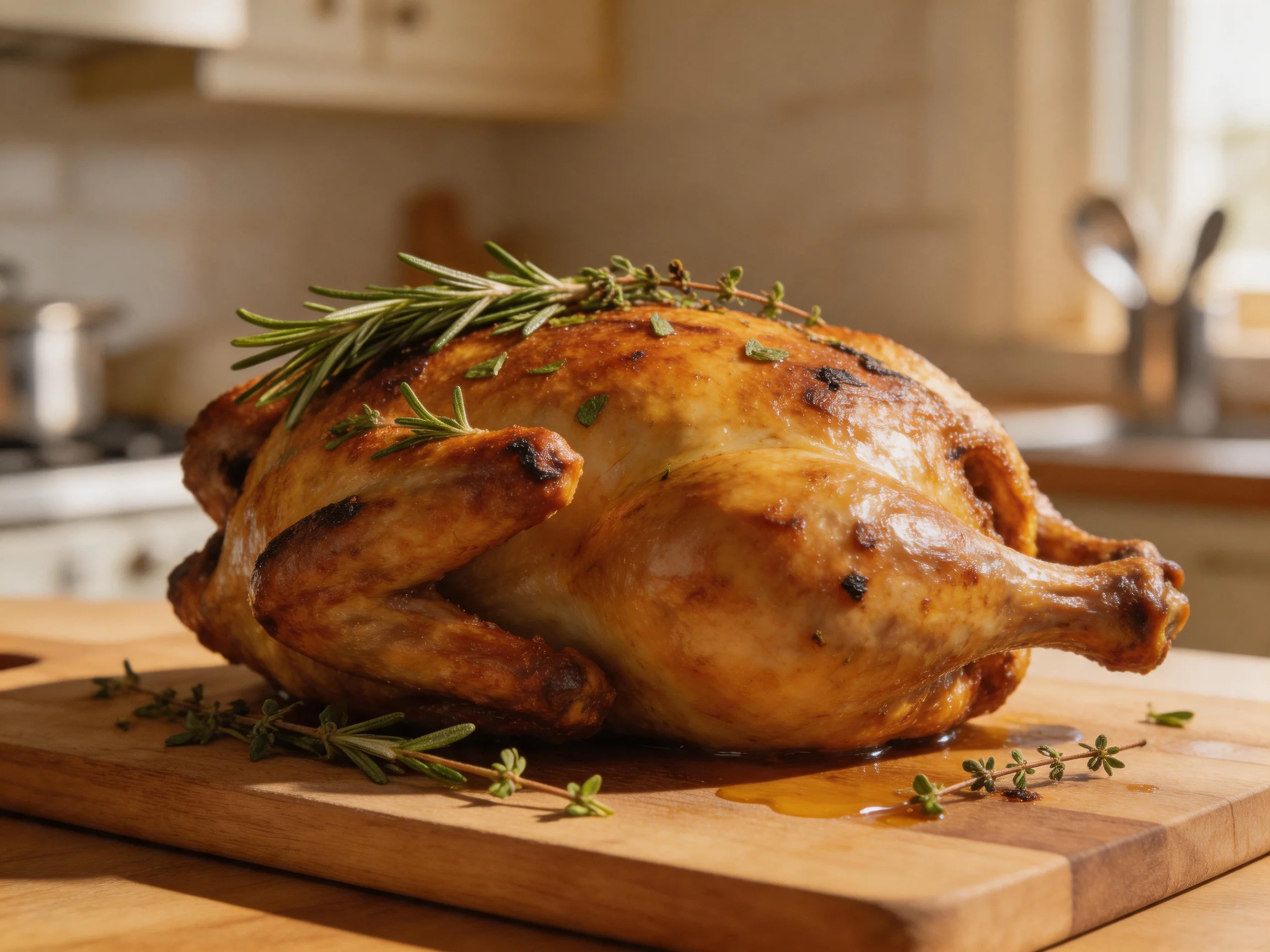 Golden-brown roasted chicken garnished with rosemary and thyme on a wooden cutting board