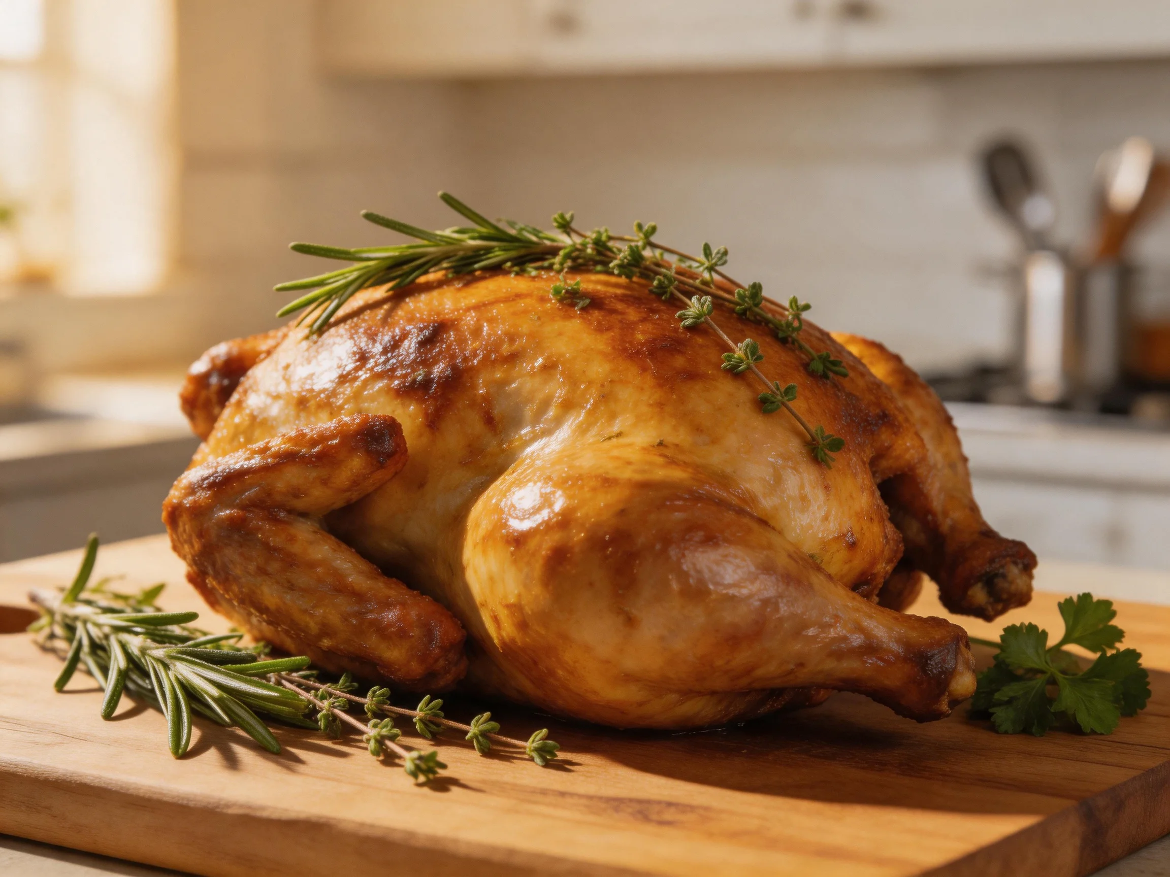 Golden-brown roasted chicken garnished with rosemary and thyme on a wooden cutting board