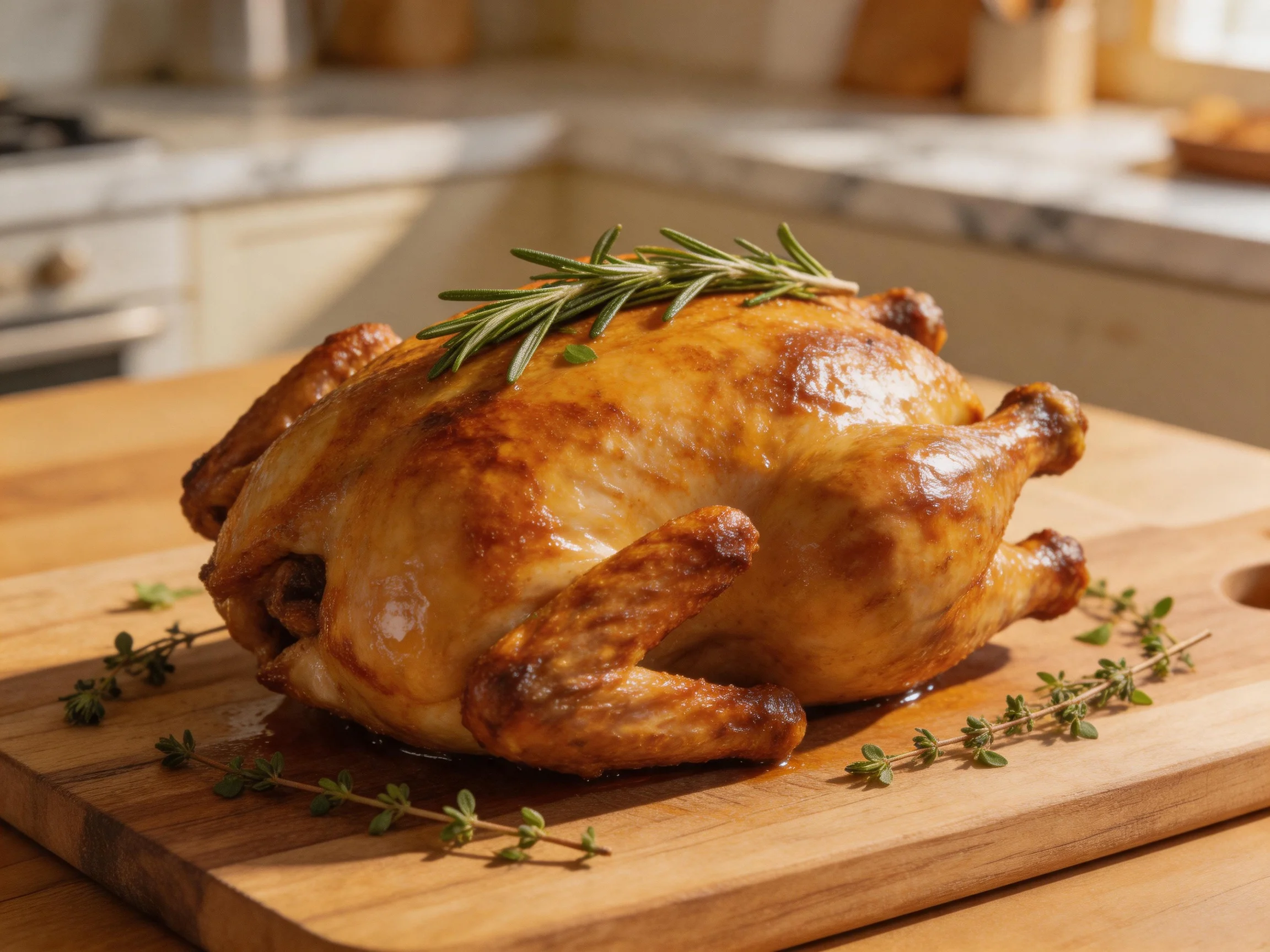 Golden-brown roasted chicken garnished with rosemary and thyme on a wooden cutting board