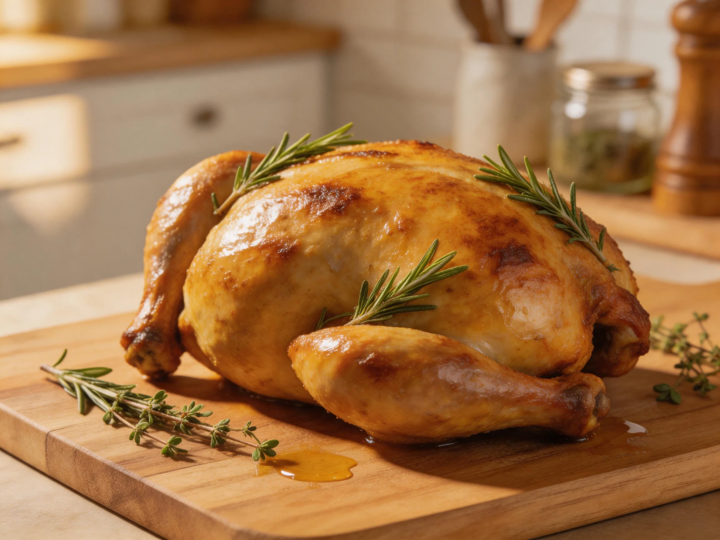 Golden-brown roasted chicken garnished with rosemary and thyme on a wooden cutting board