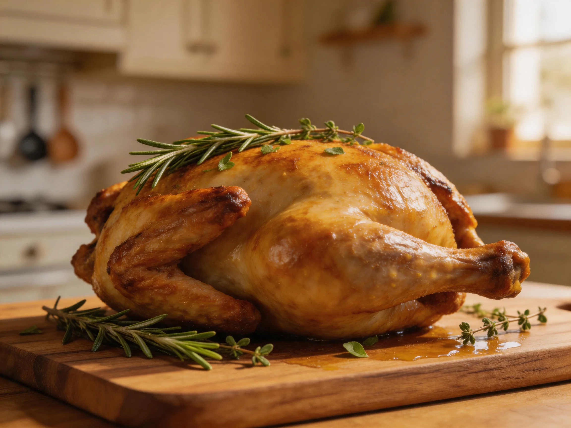 Golden-brown roasted chicken garnished with rosemary and thyme on a wooden cutting board