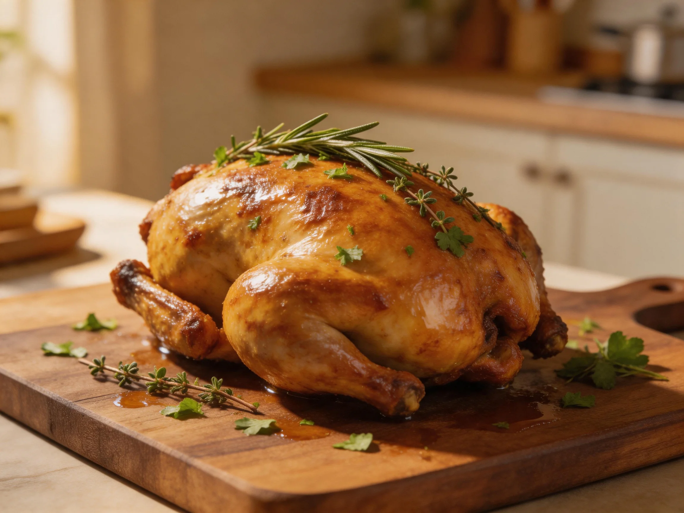 Golden-brown roasted chicken garnished with rosemary and thyme on a wooden cutting board