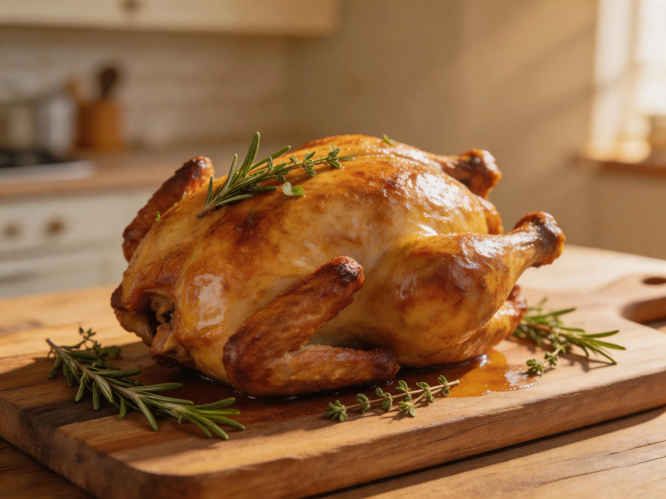 Golden-brown roasted chicken garnished with rosemary and thyme on a wooden cutting board