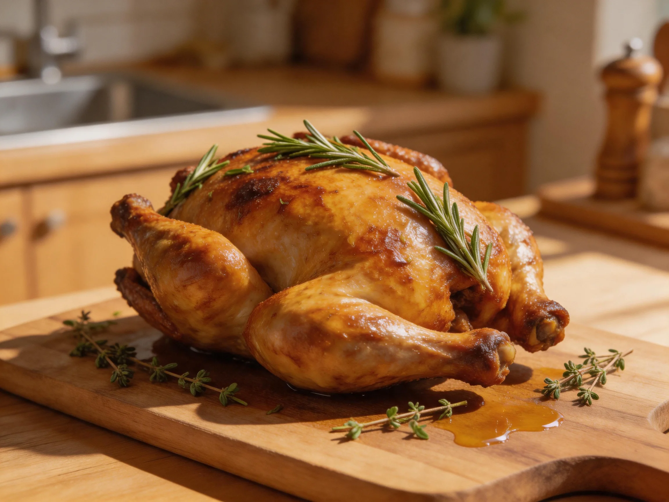 Golden-brown roasted chicken garnished with rosemary and thyme on a wooden cutting board