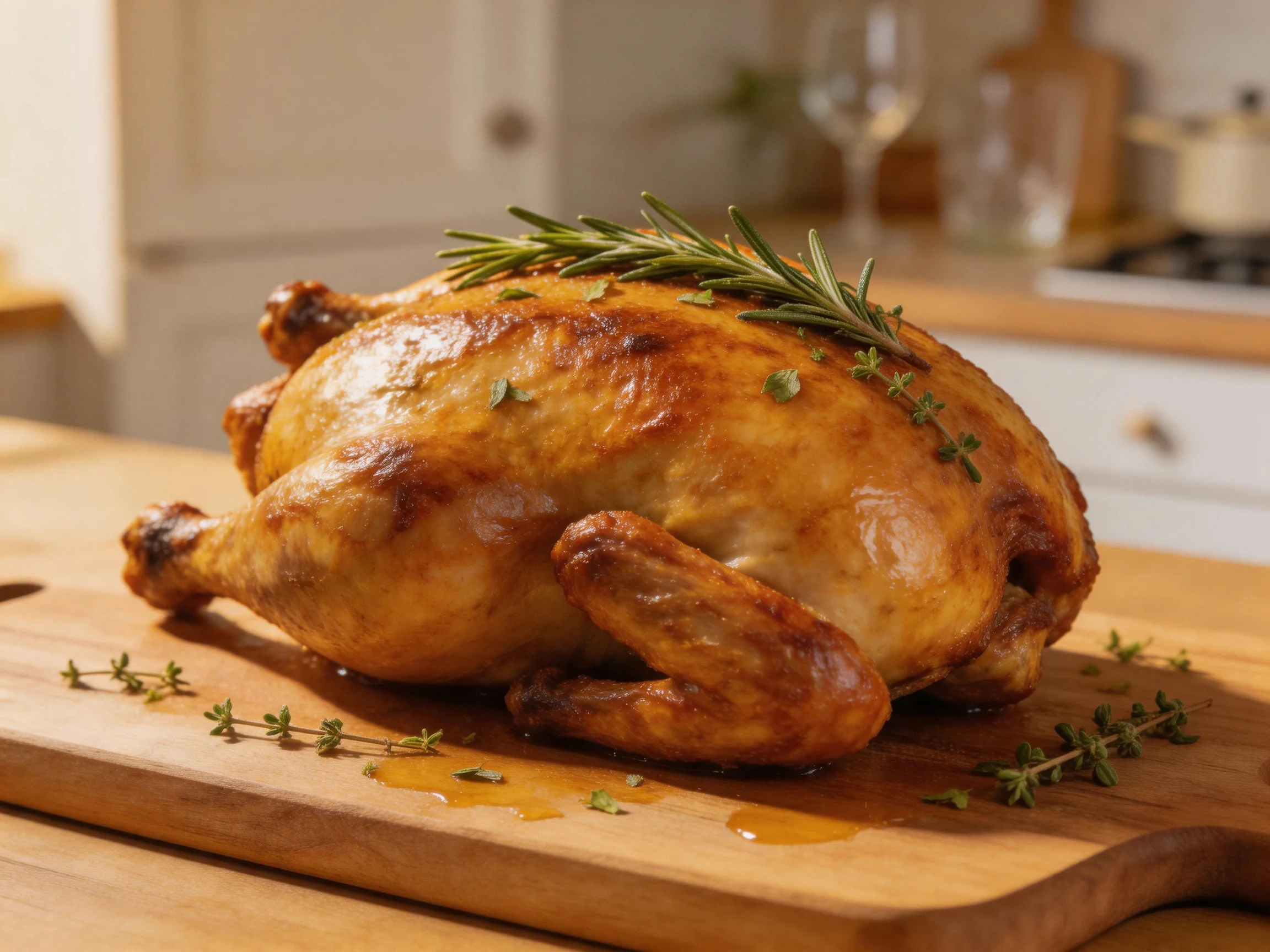 Golden-brown roasted chicken garnished with rosemary and thyme on a wooden cutting board
