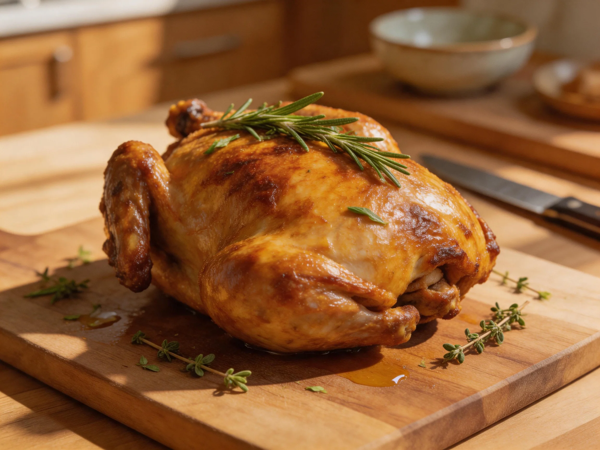 Golden-brown roasted chicken garnished with rosemary and thyme on a wooden cutting board