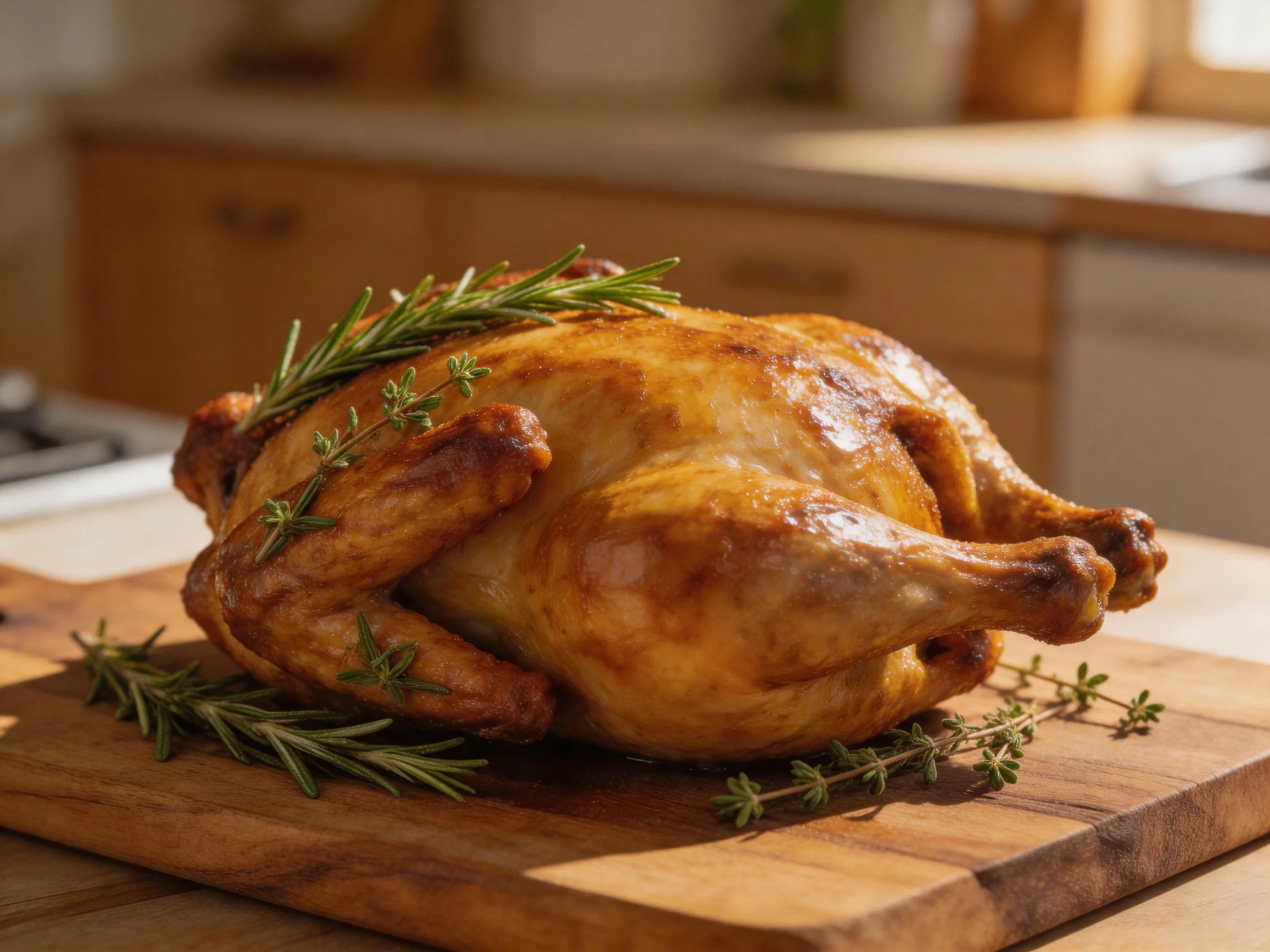 Golden-brown roasted chicken garnished with rosemary and thyme on wooden board