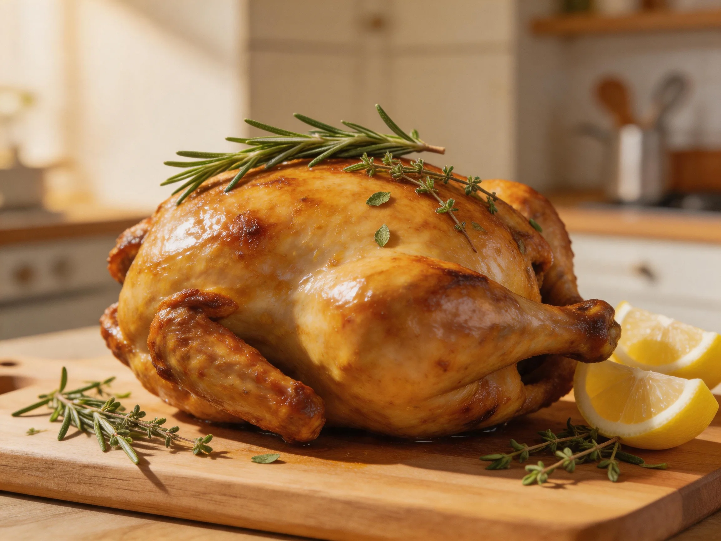 Golden-brown roasted chicken garnished with rosemary and thyme on wooden board