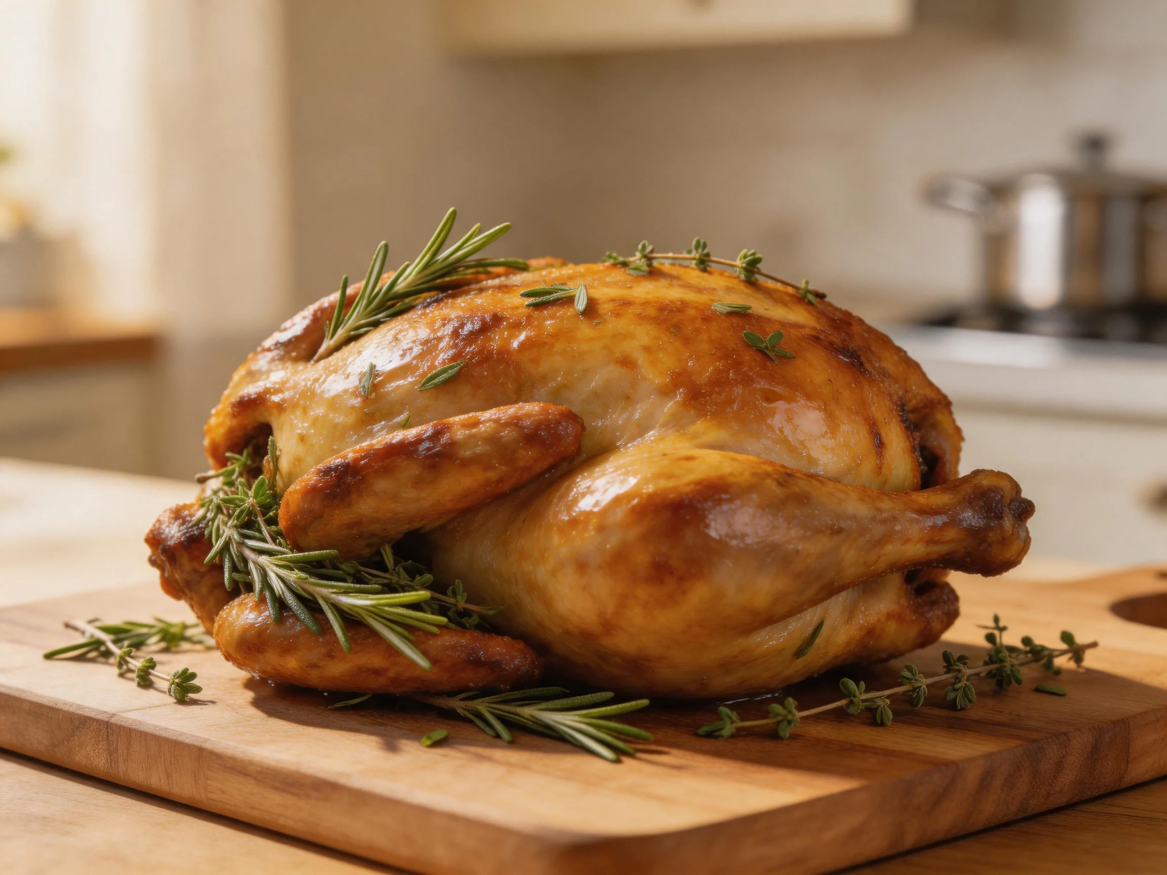 Golden-brown roasted chicken garnished with rosemary and thyme on wooden cutting board