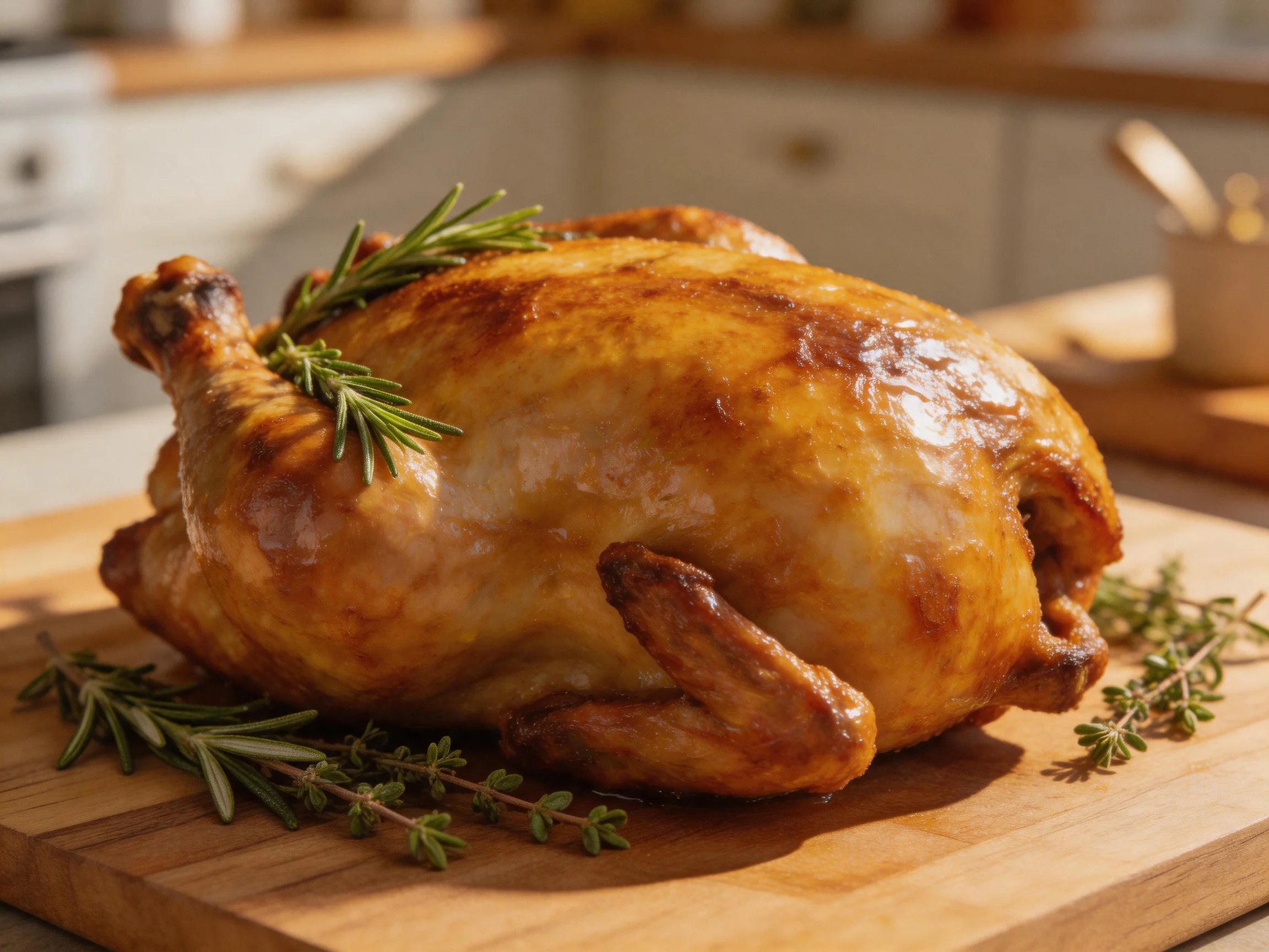 Golden-brown roasted chicken garnished with rosemary and thyme on wooden cutting board