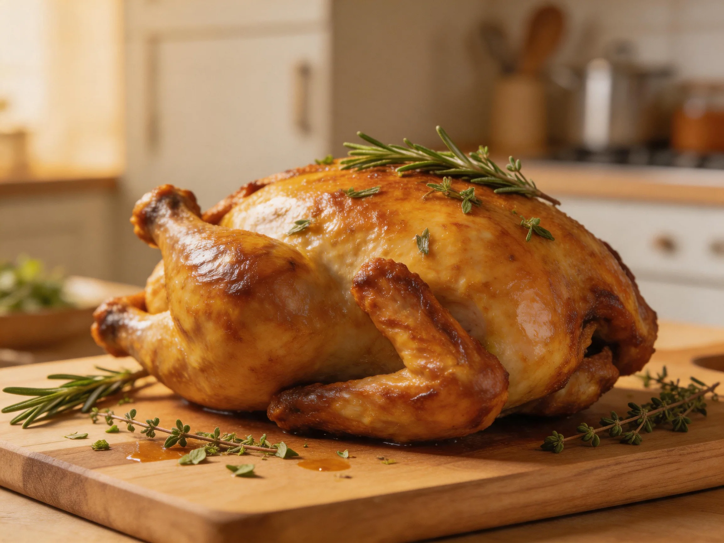 Golden-brown roasted chicken garnished with rosemary on wooden cutting board
