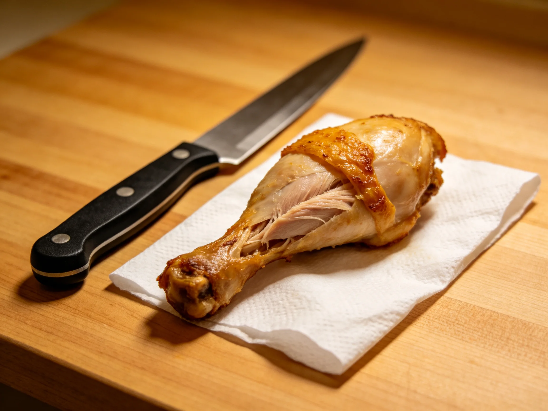 A roasted chicken leg is positioned next to a knife on a wooden cutting.