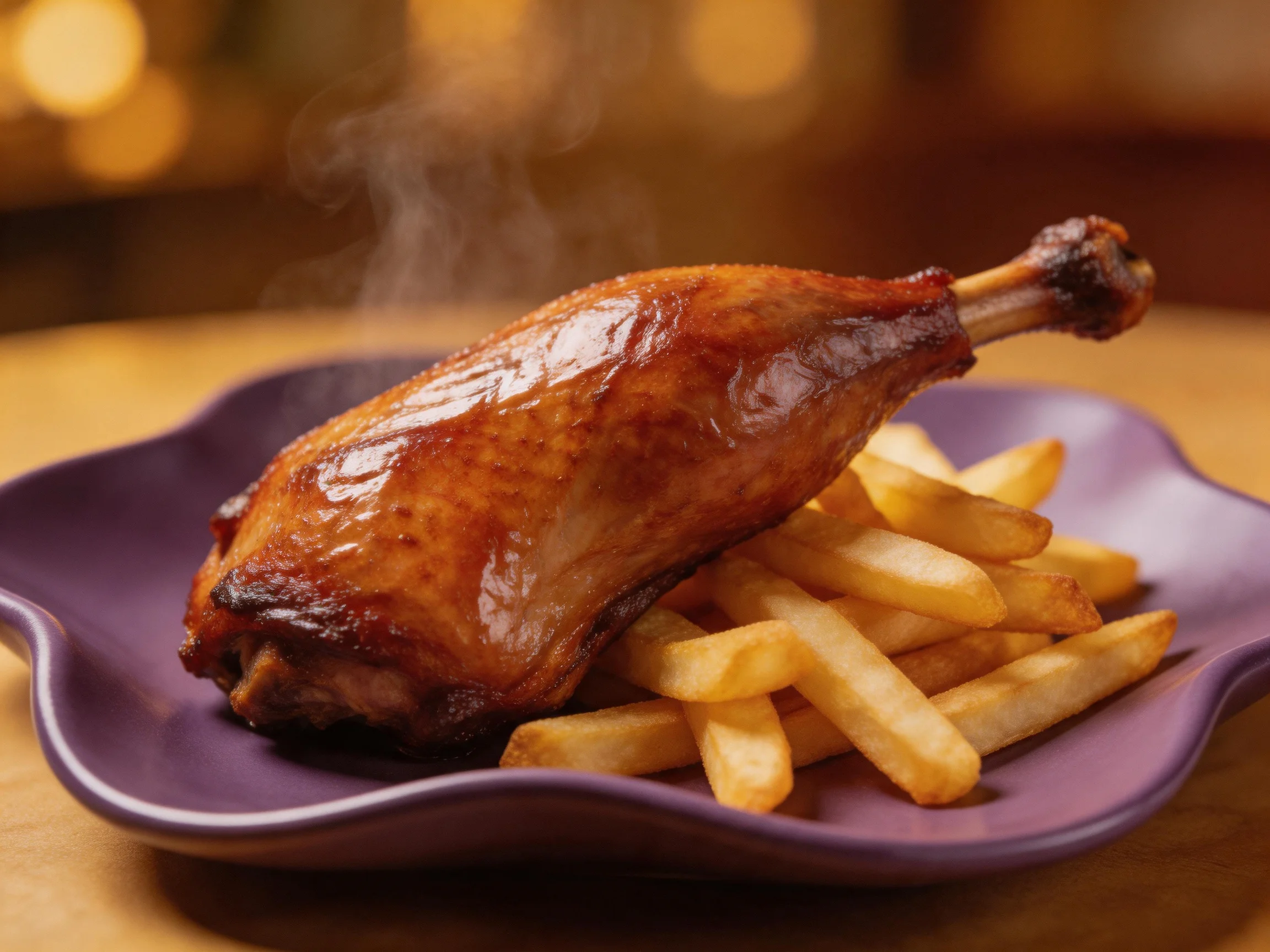 Golden-brown roasted chicken leg with crispy French fries on a purple plate