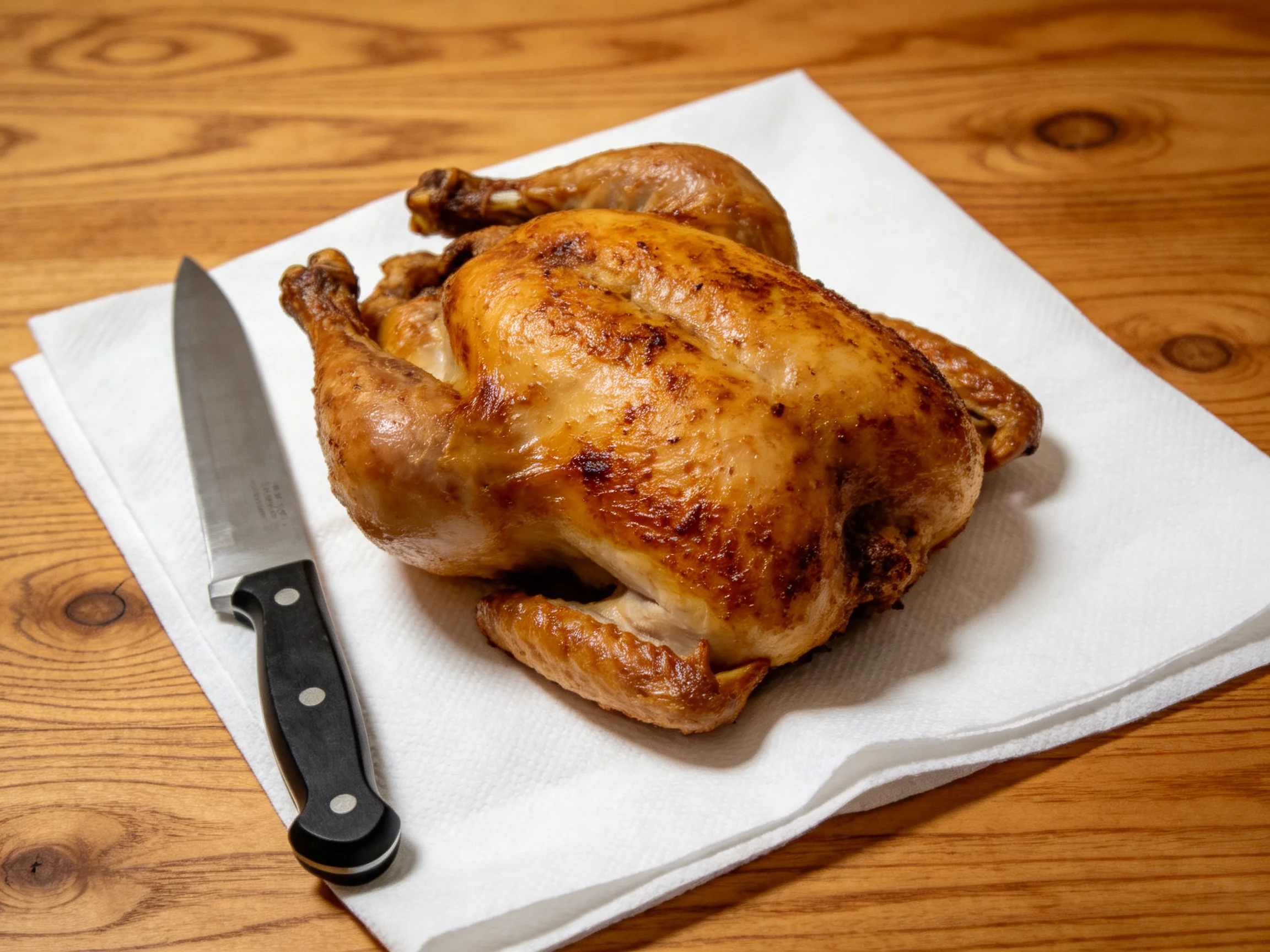 Roasted chicken on a white napkin with a knife nearby on wood.