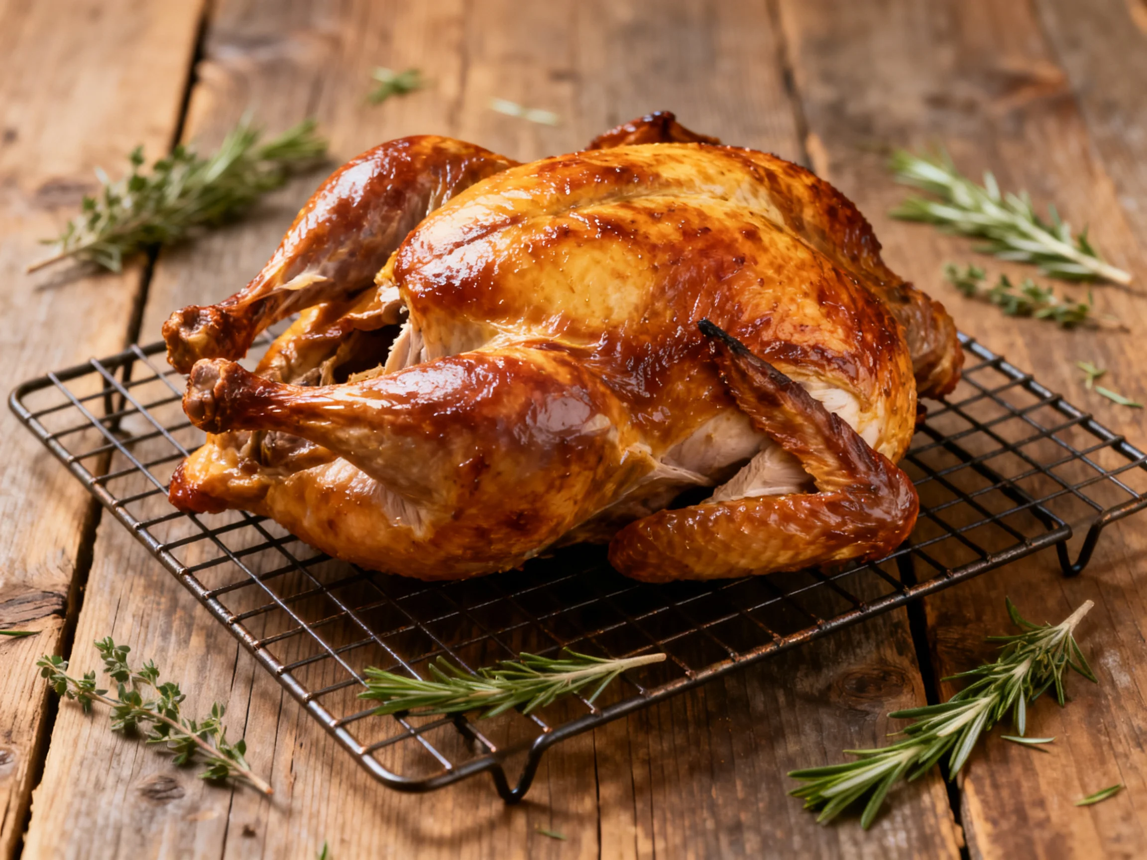 A golden-brown roasted chicken sits on a wire rack amid fresh herbs.