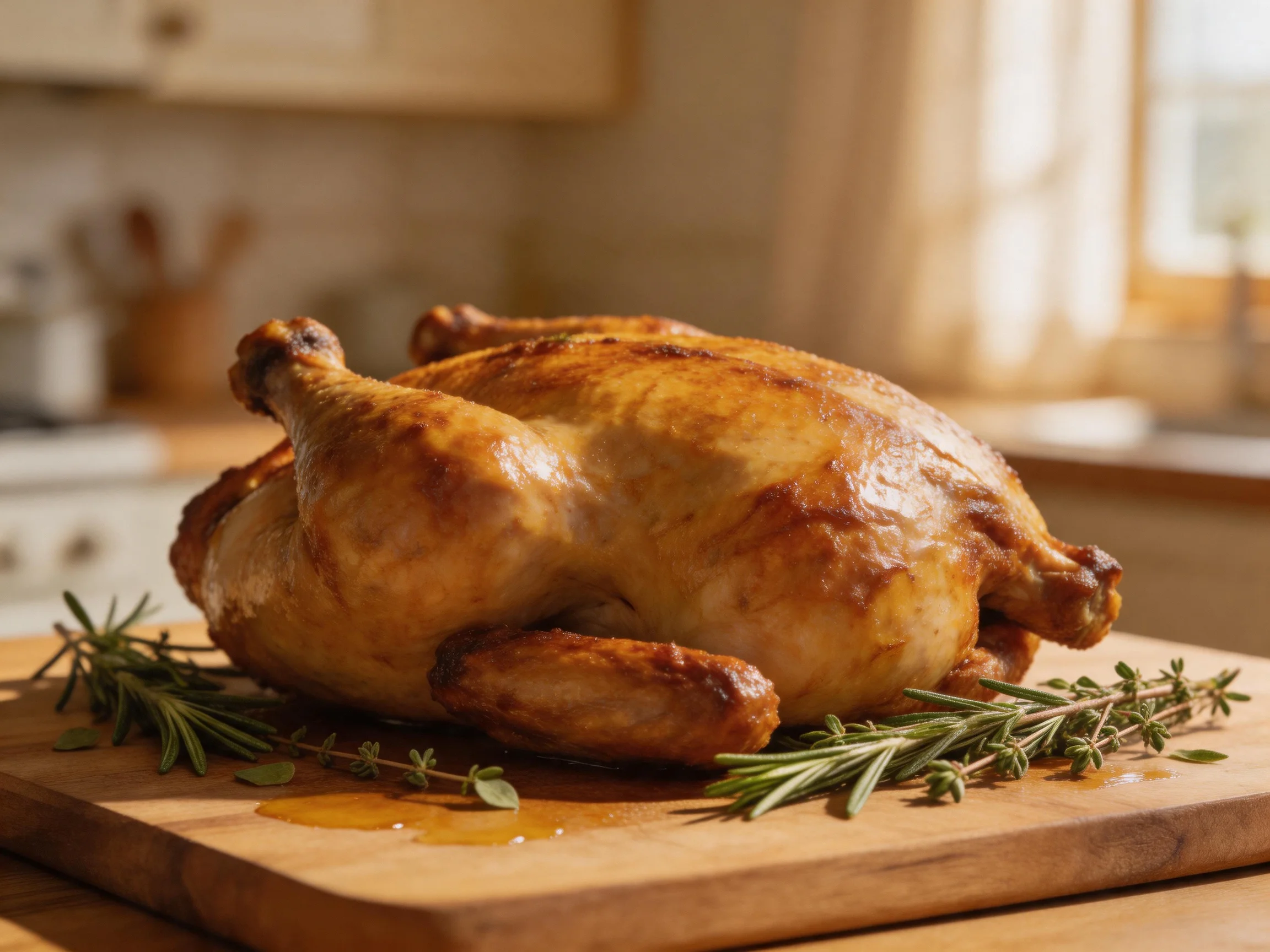 Golden-brown roasted chicken on wooden cutting board with fresh herbs