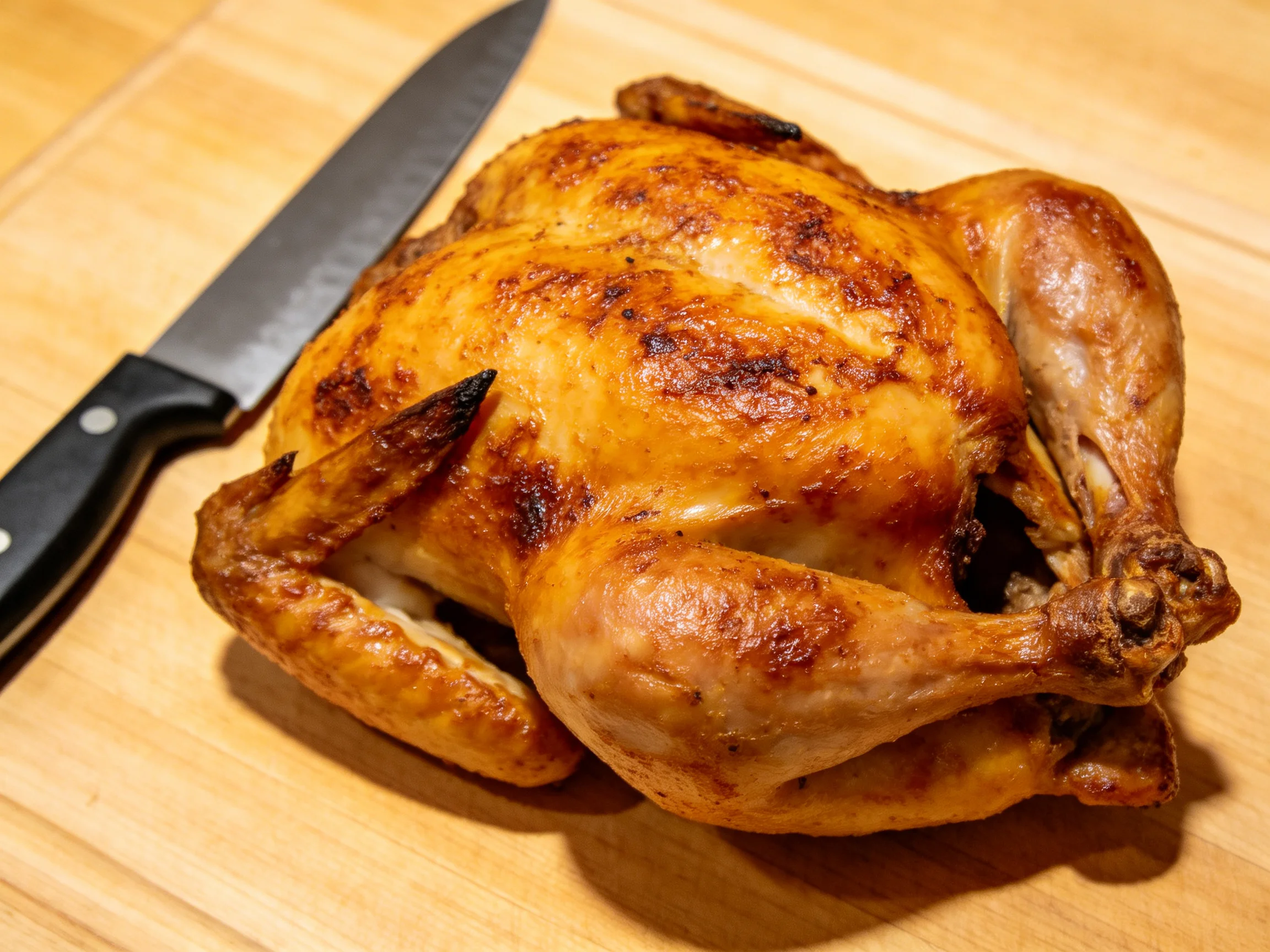 Golden-brown roasted chicken rests on wooden cutting board near large knife.
