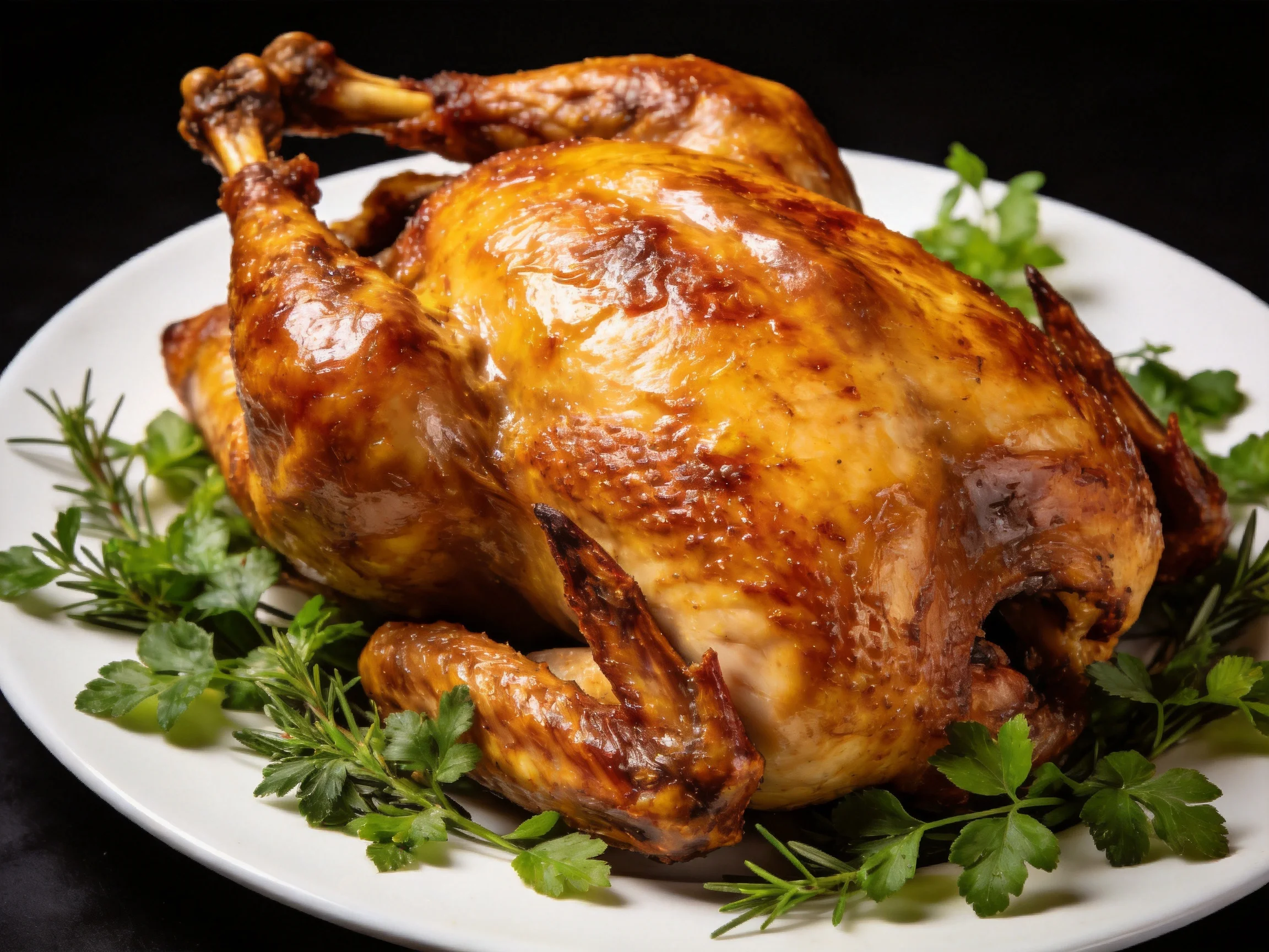 Golden-brown roasted chicken served on a white plate with fresh herbs