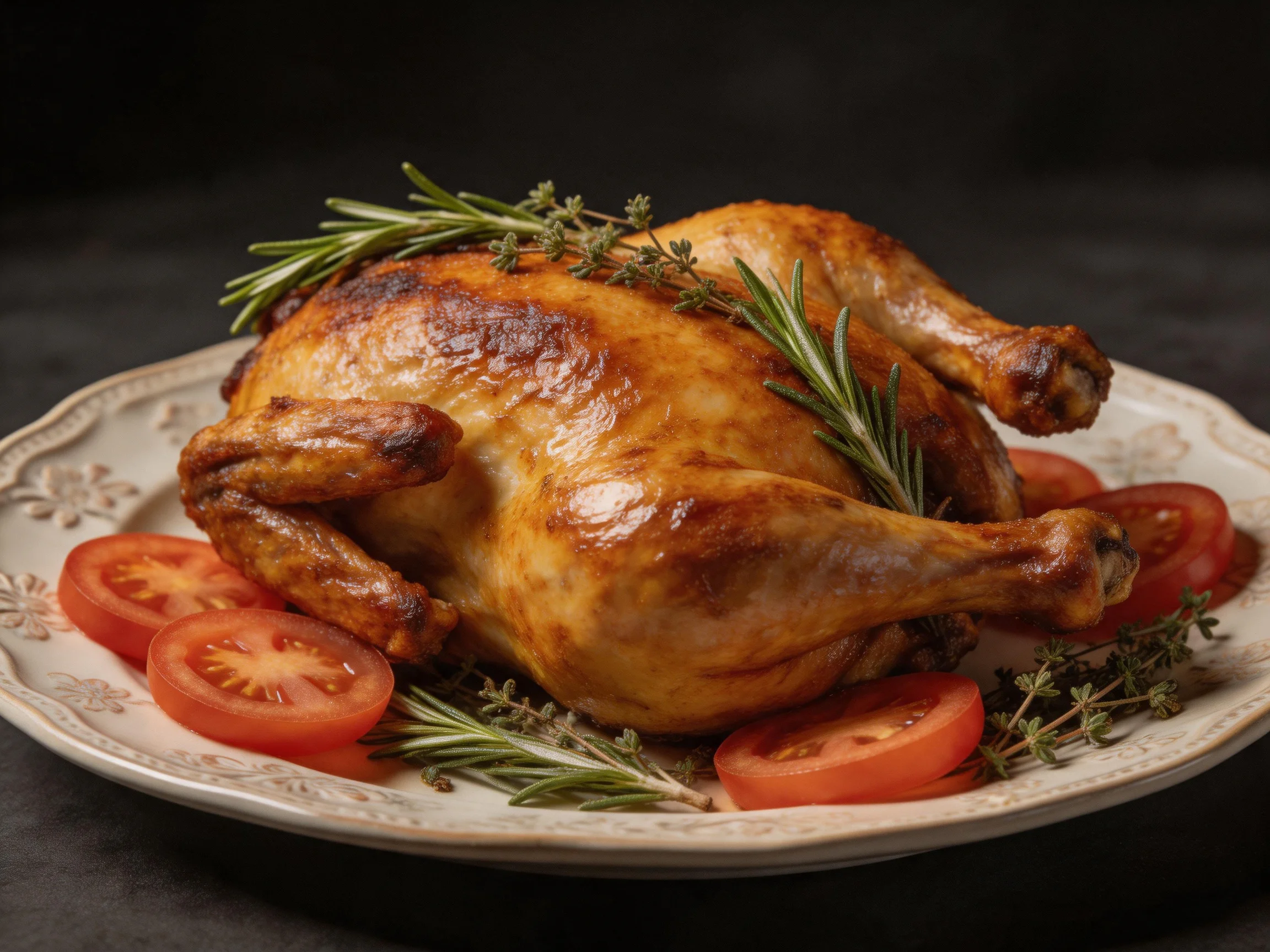 Golden-brown roasted chicken served with sliced tomatoes and fresh herbs