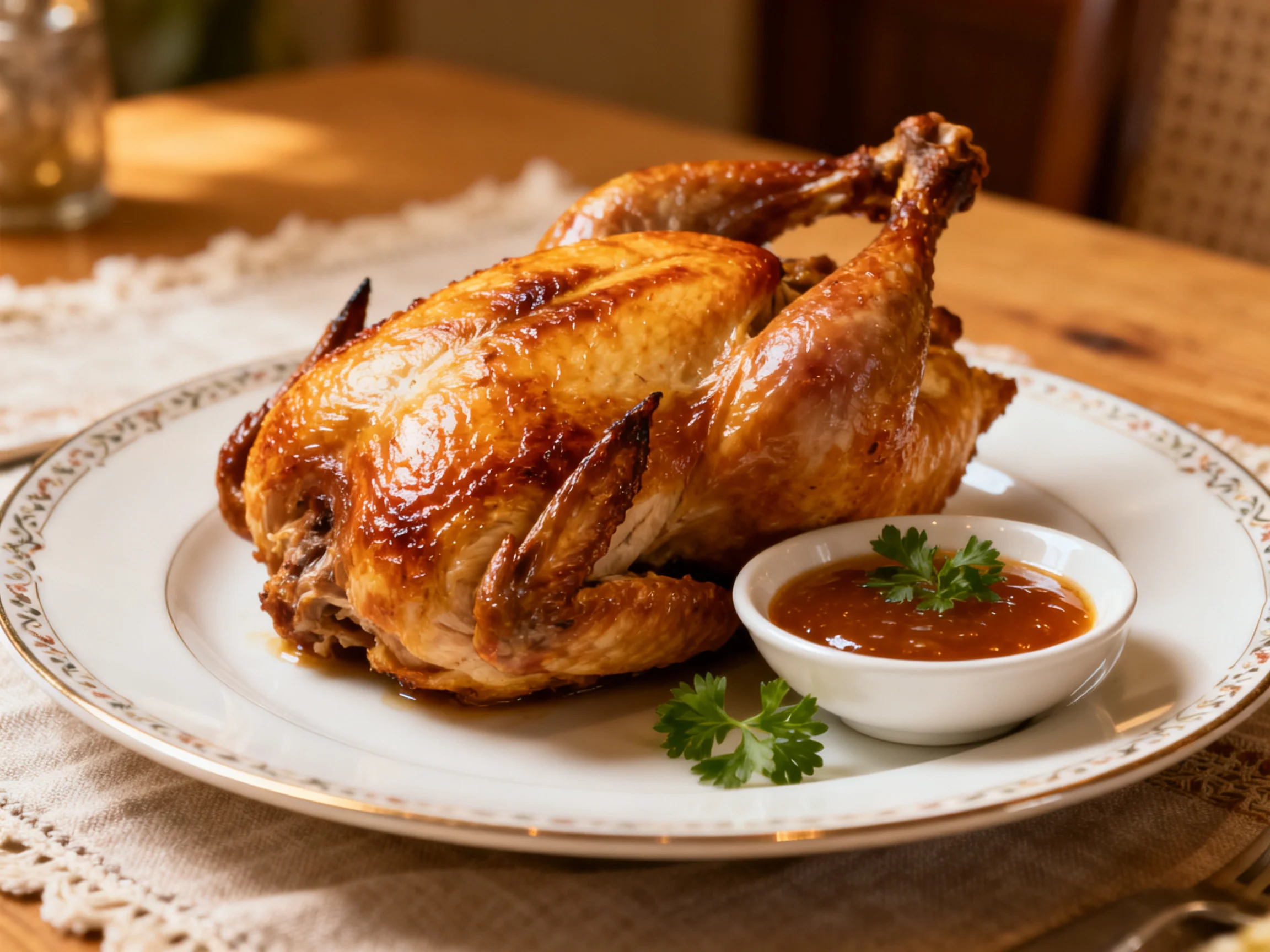 Roasted chicken served with sauce on an elegantly decorated plate.