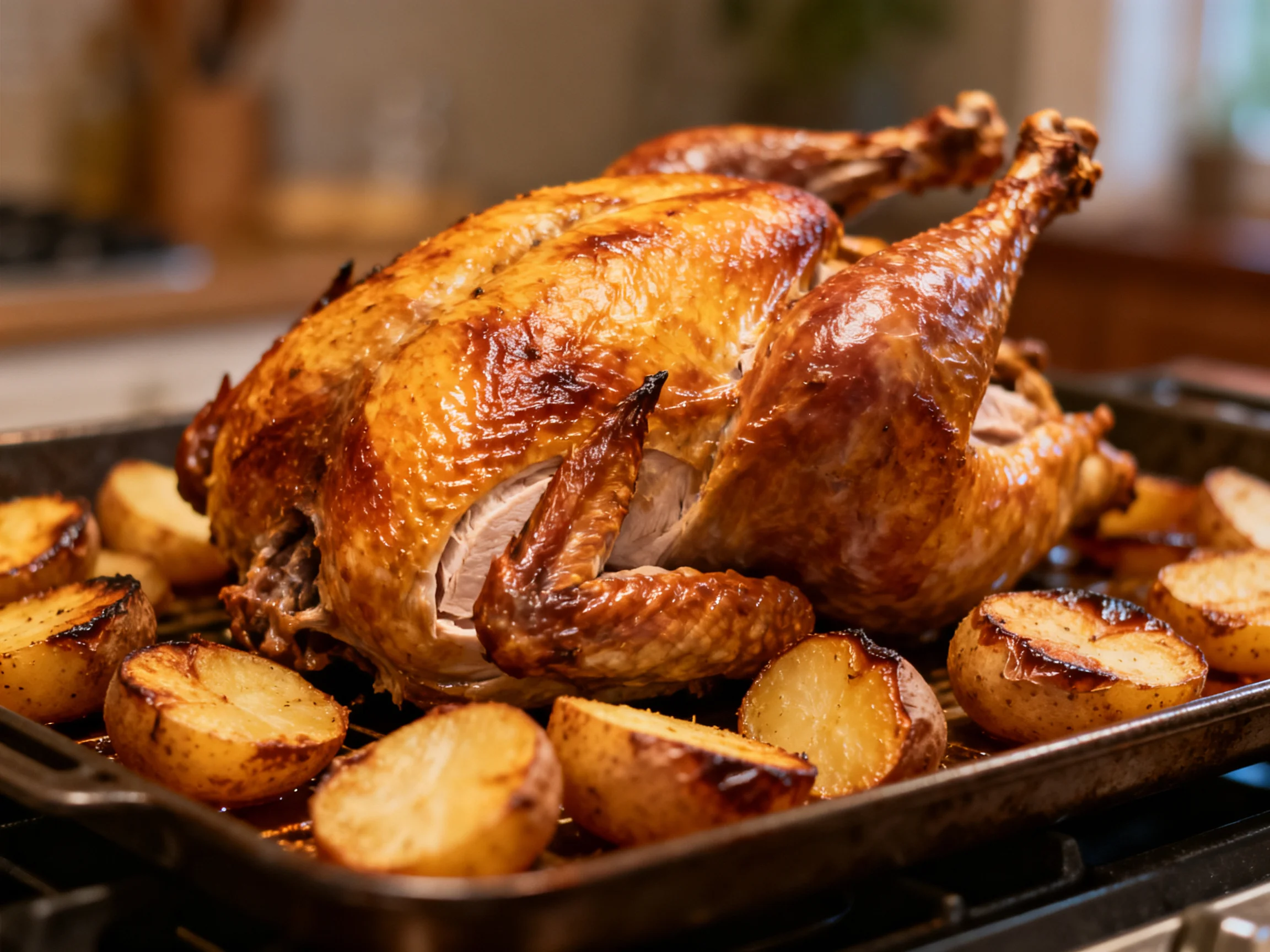 A golden-brown roasted chicken is served with seasoned potato halves in a roasting tray.