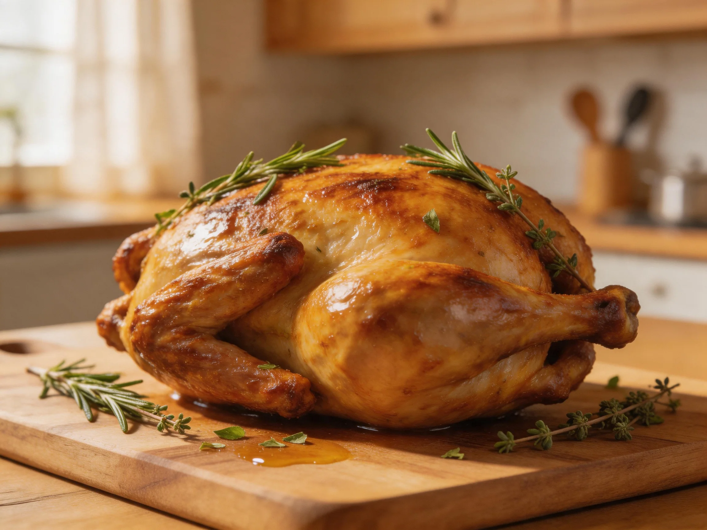 Golden-brown roasted chickengarnished with fresh herbs on a wooden cutting board