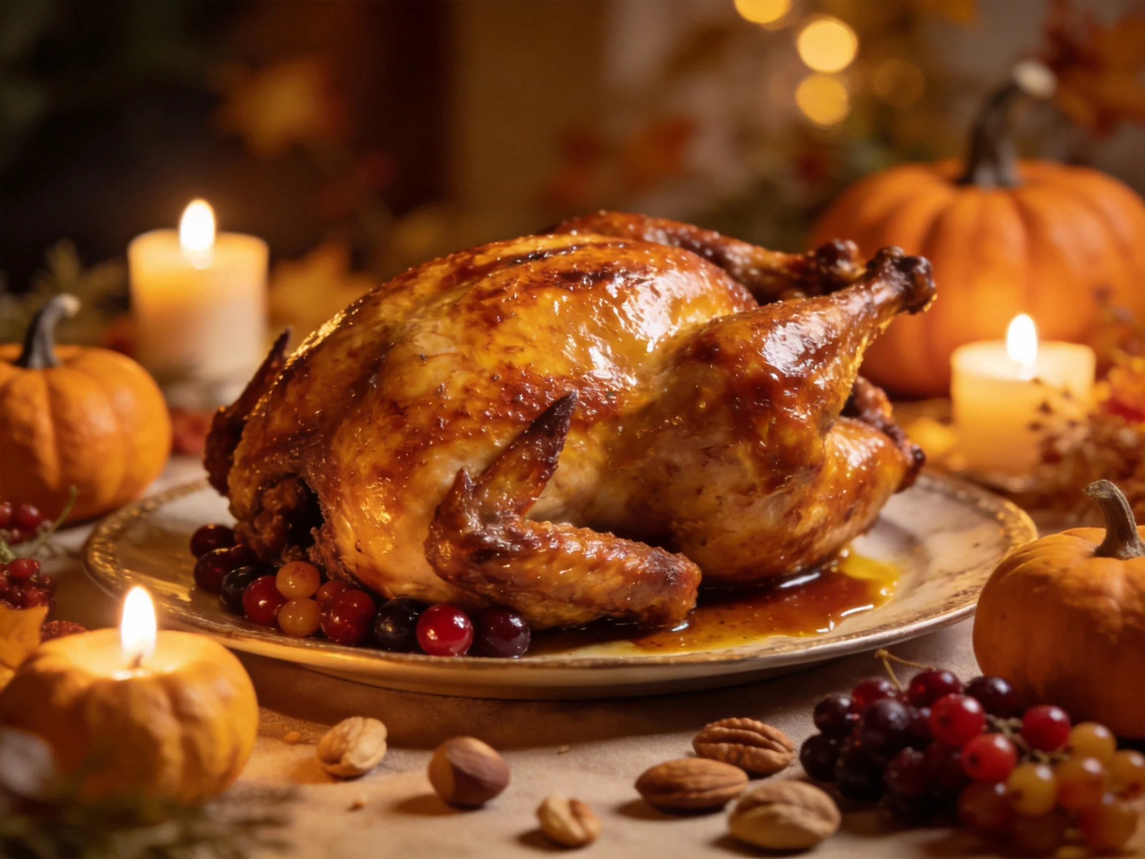 Golden-brown roasted turkey on platter with autumn decor, lit candles, fruits, nuts