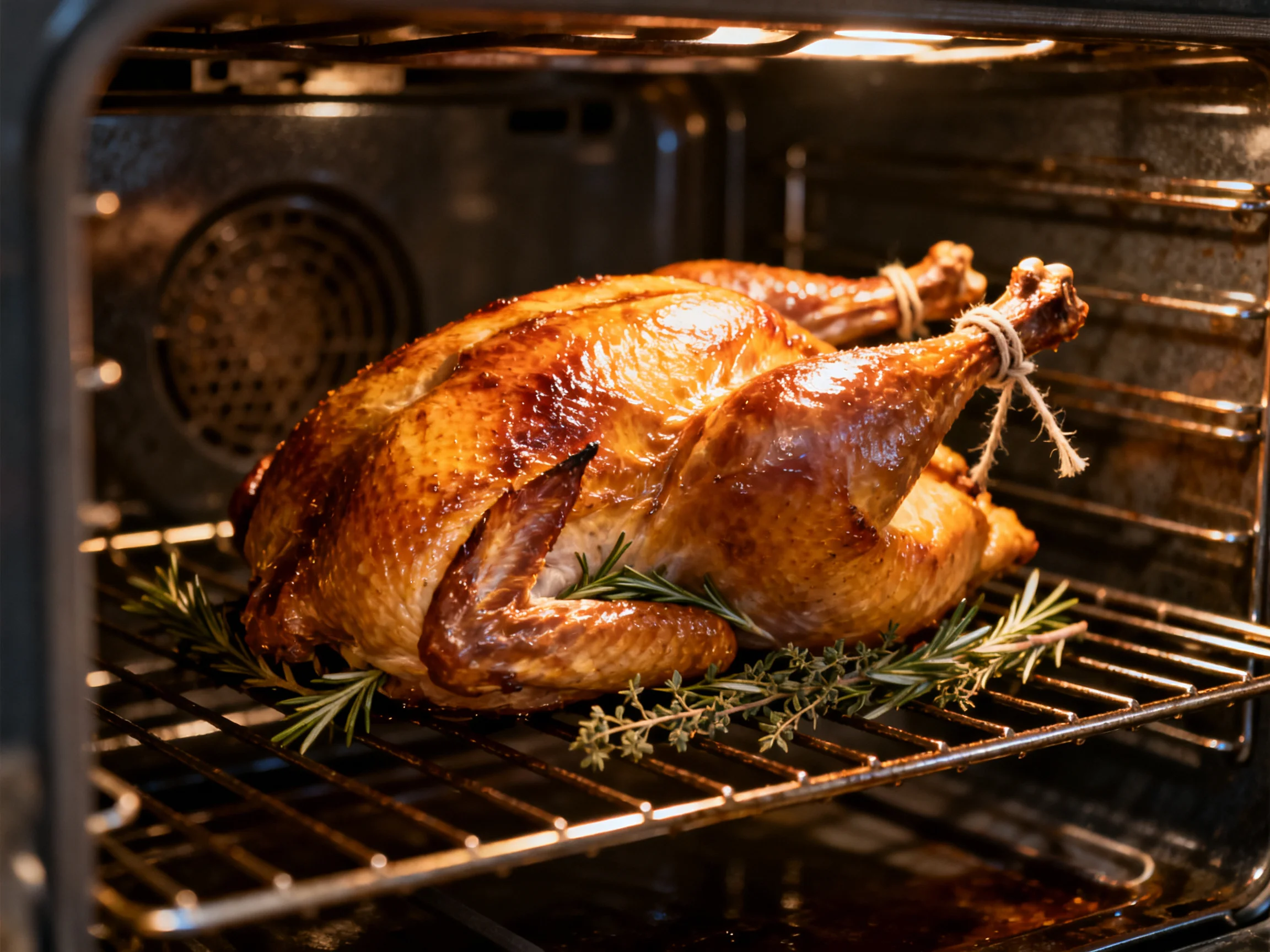 Golden-brown roasted turkey with fresh herbs baking in a dark oven