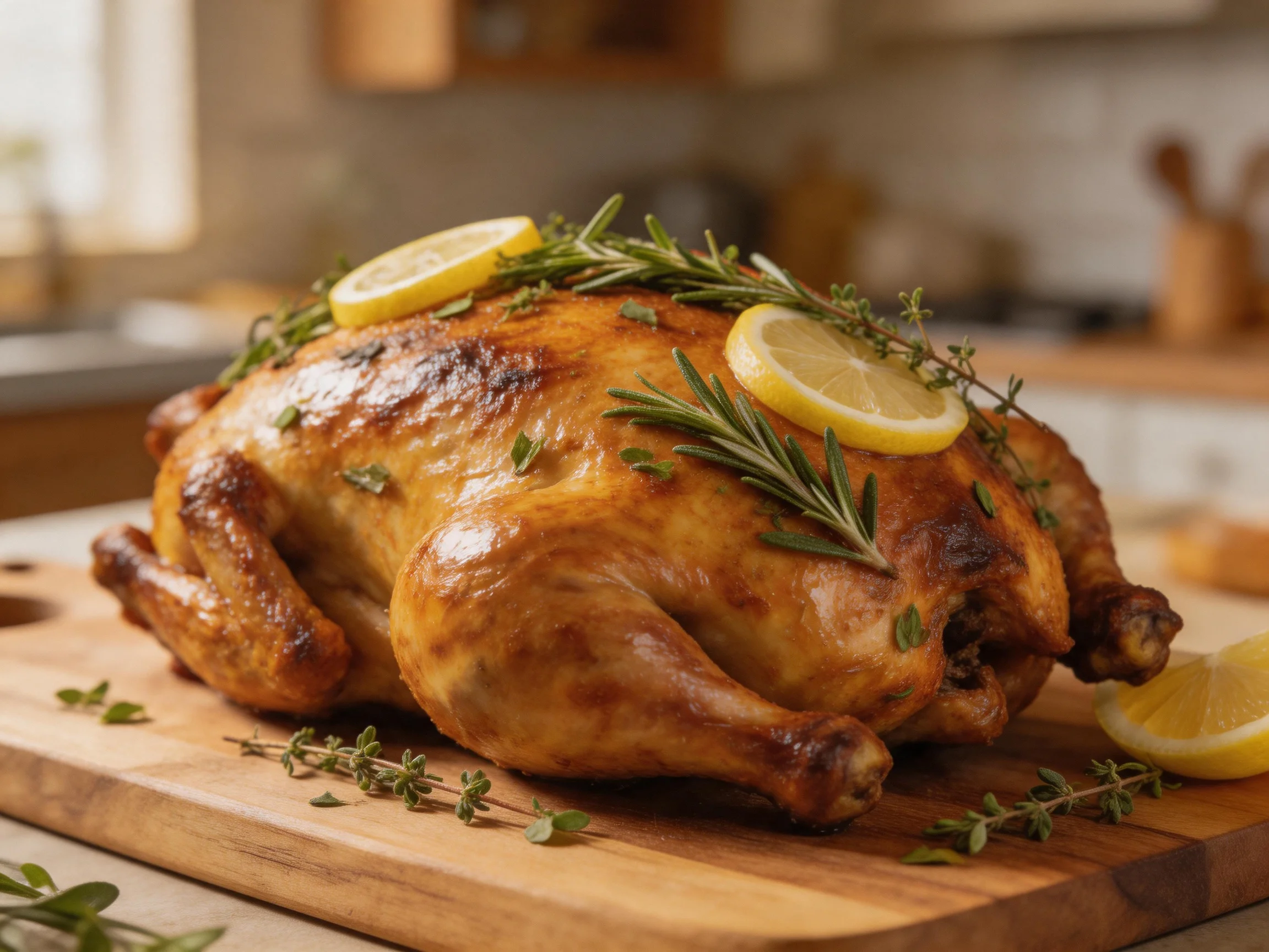 Golden-brown roasted whole chicken adorned with lemon slices and fresh herbs