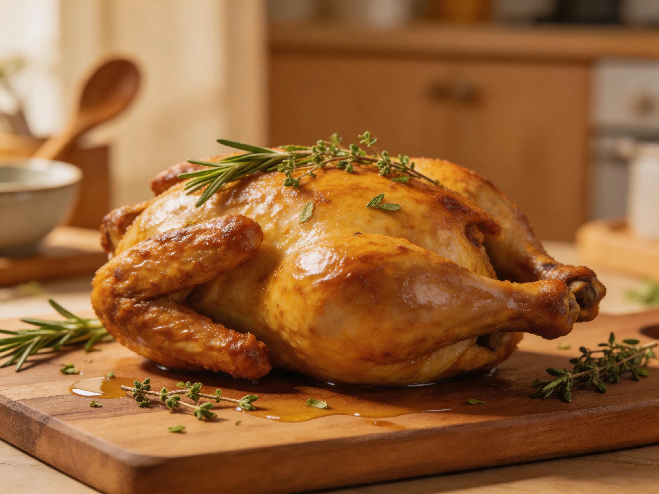 Golden-brown roasted whole chicken garnished with fresh herbs on a wooden cutting board