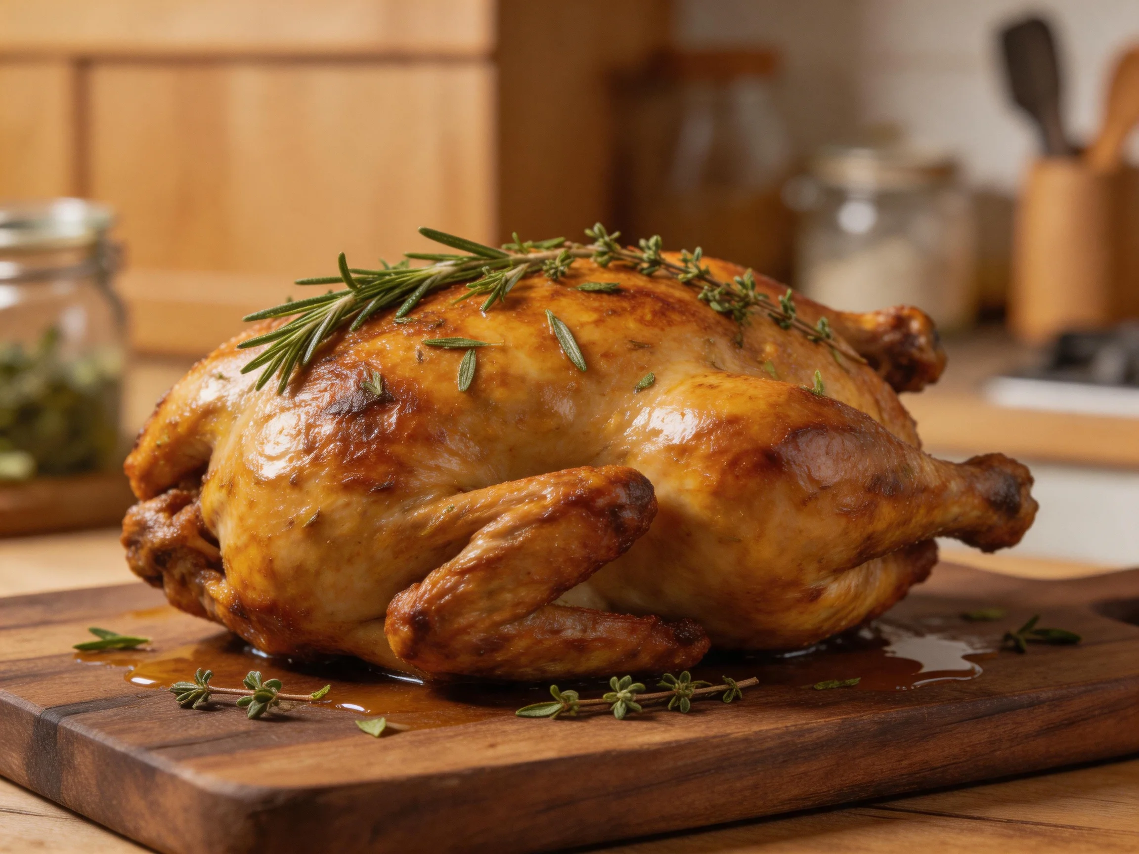 Golden-brown roasted whole chicken garnished with fresh herbs on wooden cutting board