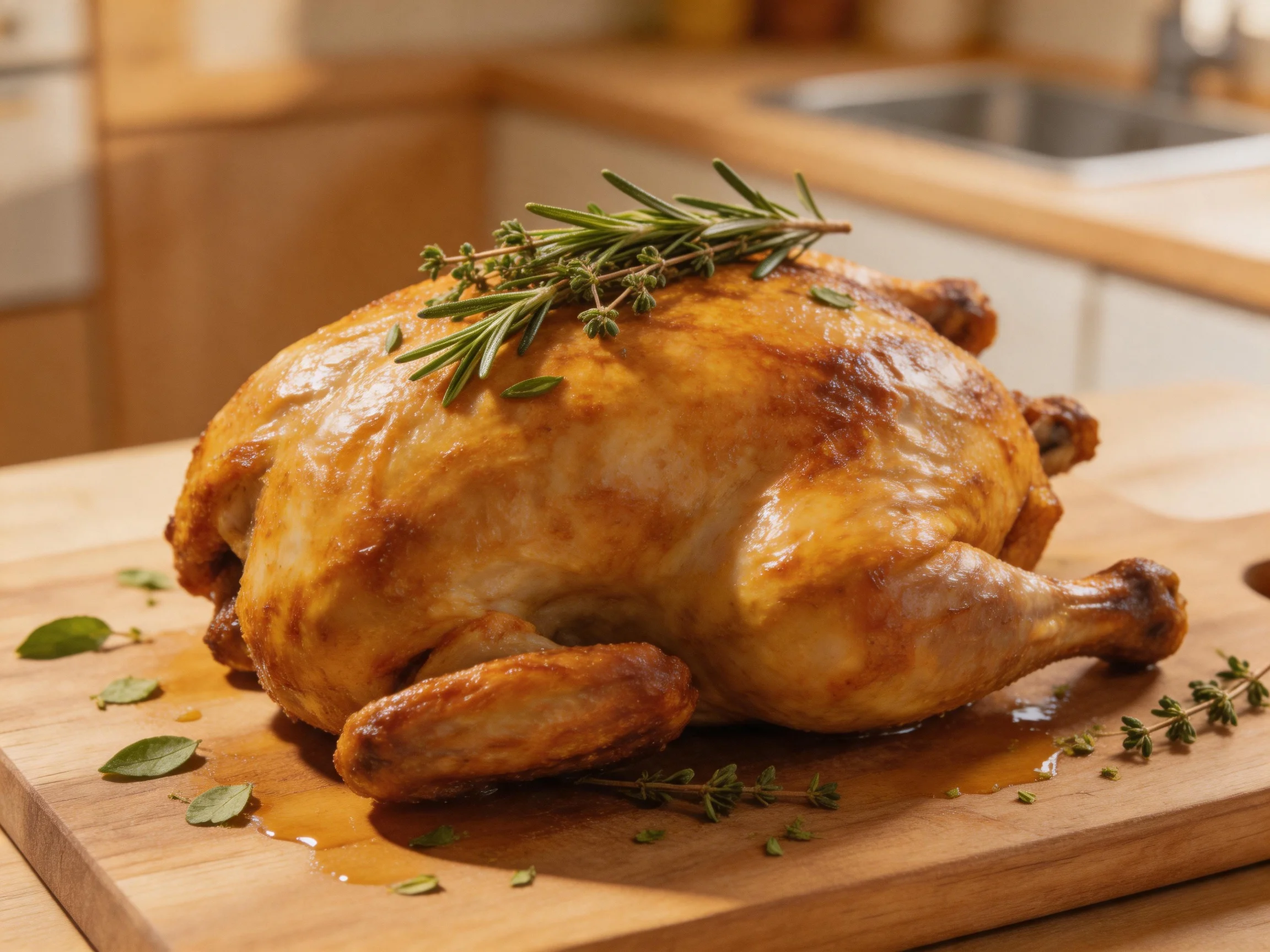 Golden-brown roasted whole chicken garnished with herbs on a wooden cutting board