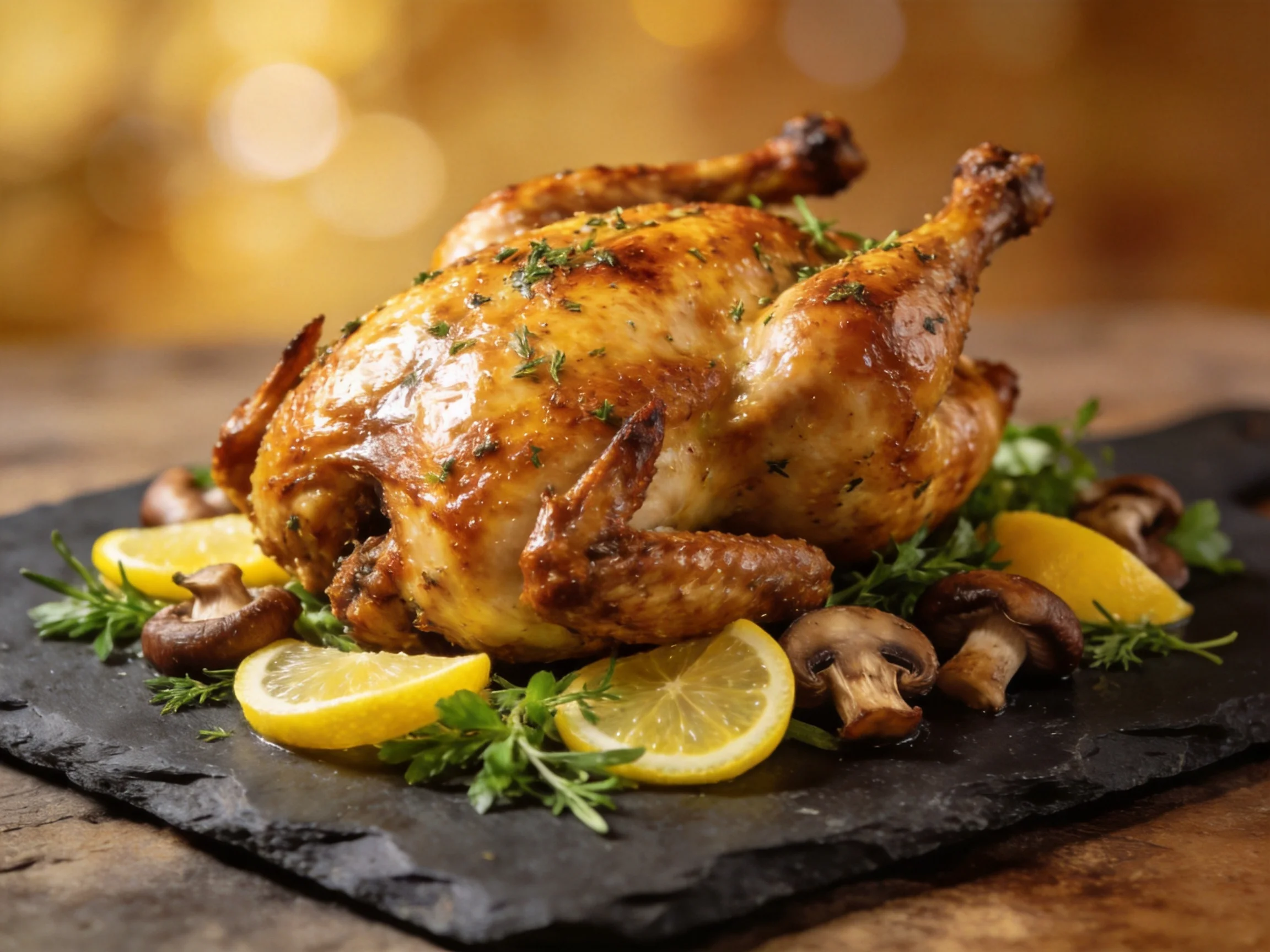Golden-brown roasted whole chicken with lemon slices, mushrooms, and herbs on a slate platter