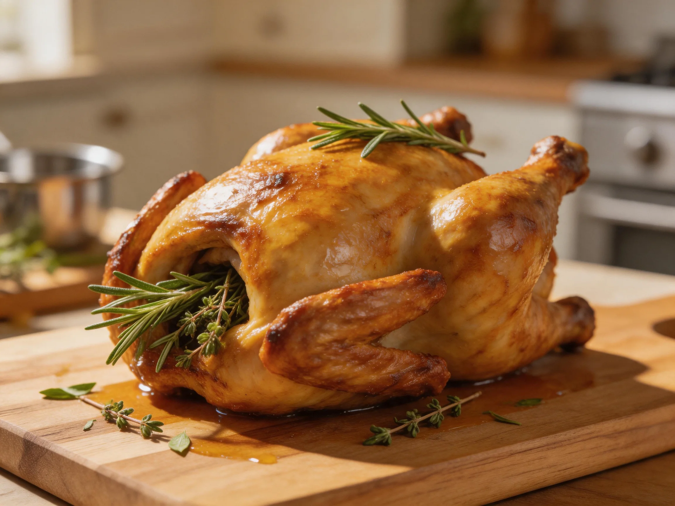 Golden-brown roastedchicken garnished with fresh herbs on a wooden cutting board