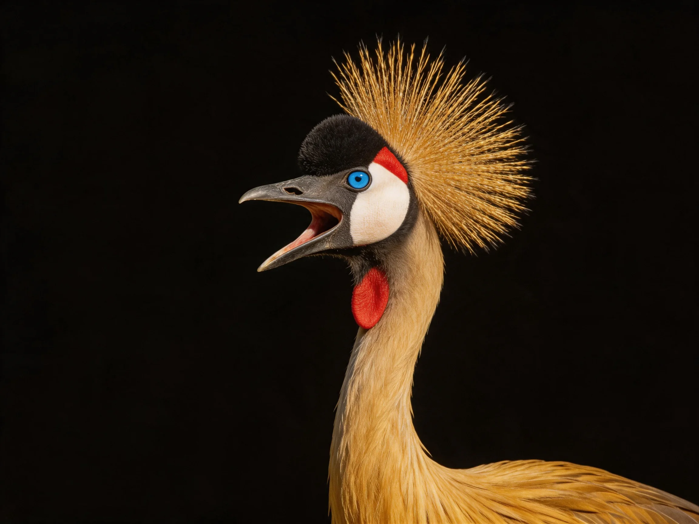 Golden crested bird with colorful facial markings against dark backdrop