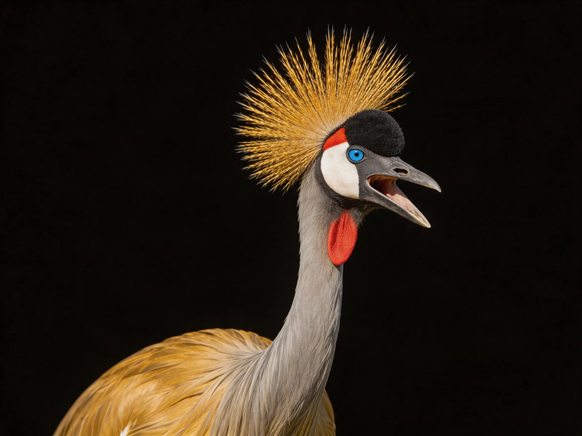 Golden crested crane with gray plumage and red throat
