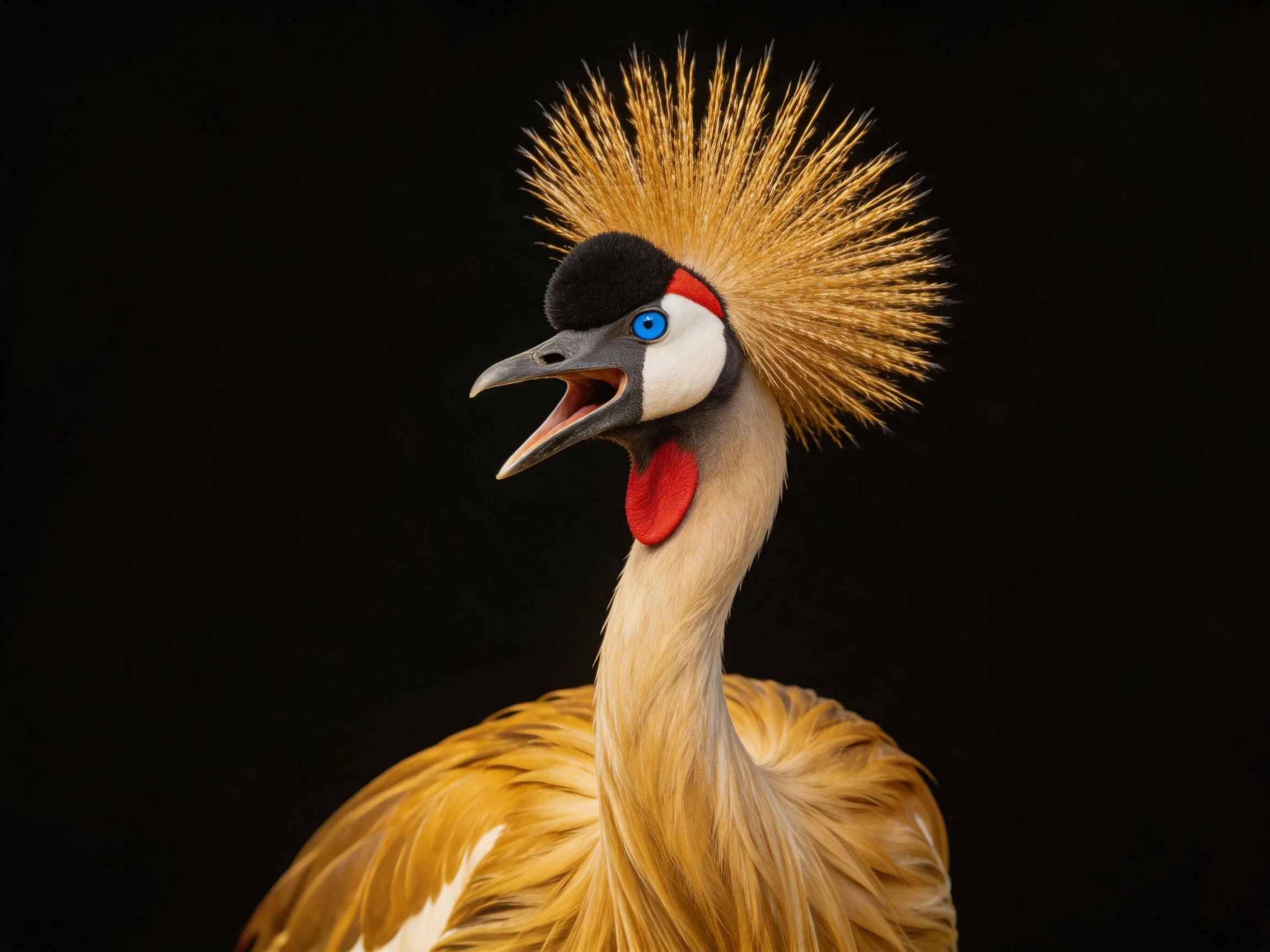 Golden crested crane with vibrant facial markings and spiky crown