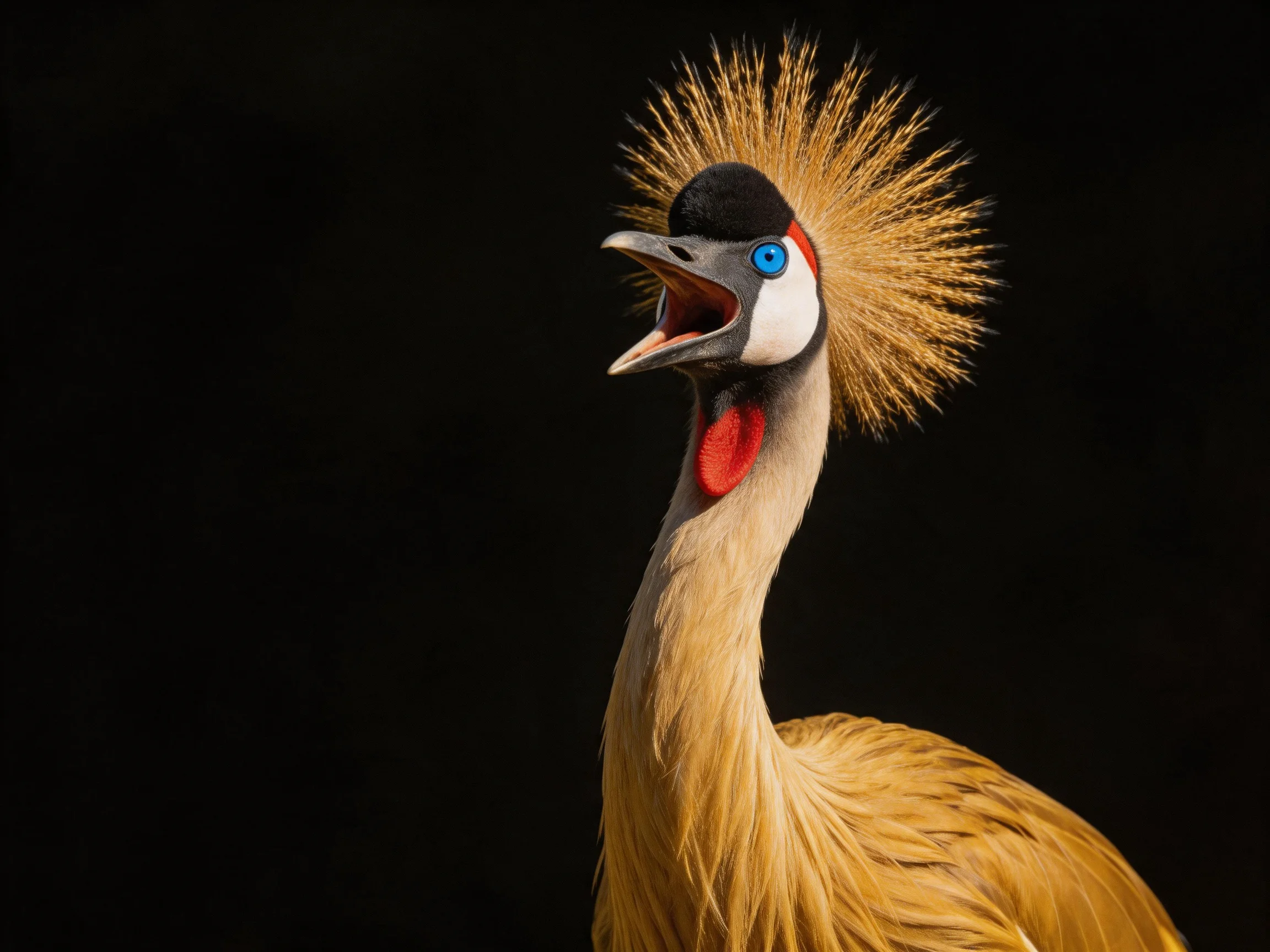 Golden crested crane with vibrant red throat and blue eye