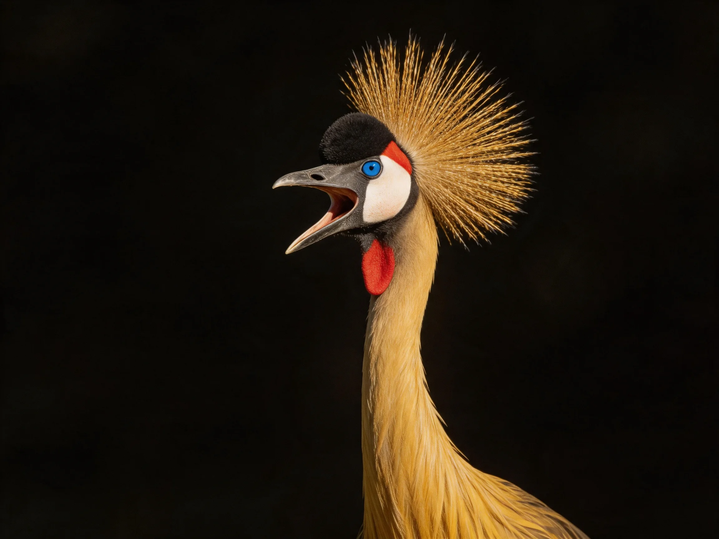 Golden crested grey crowned crane with vivid facial markings