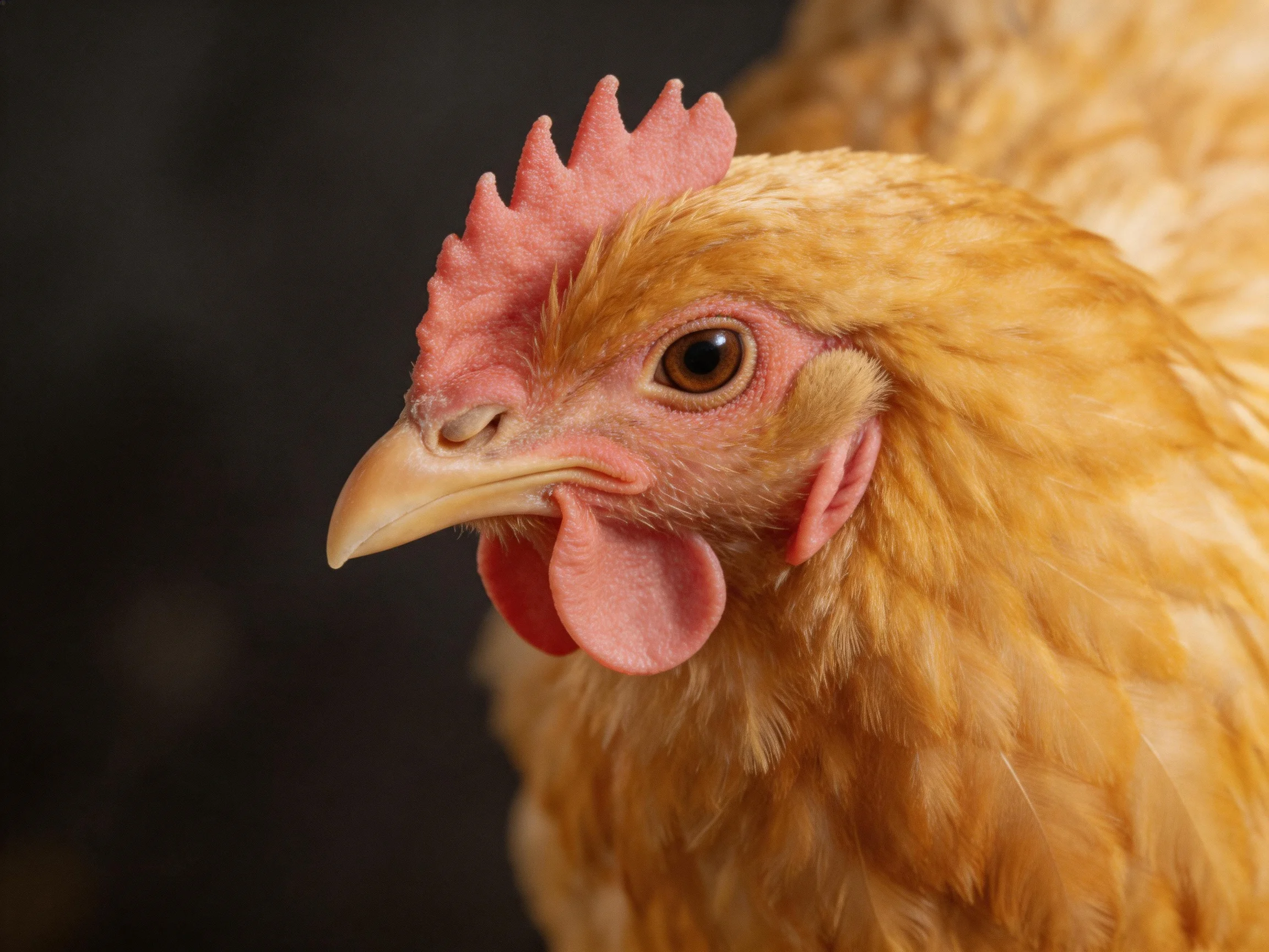 Golden-feathered chicken with pink comb and wattles shown up close