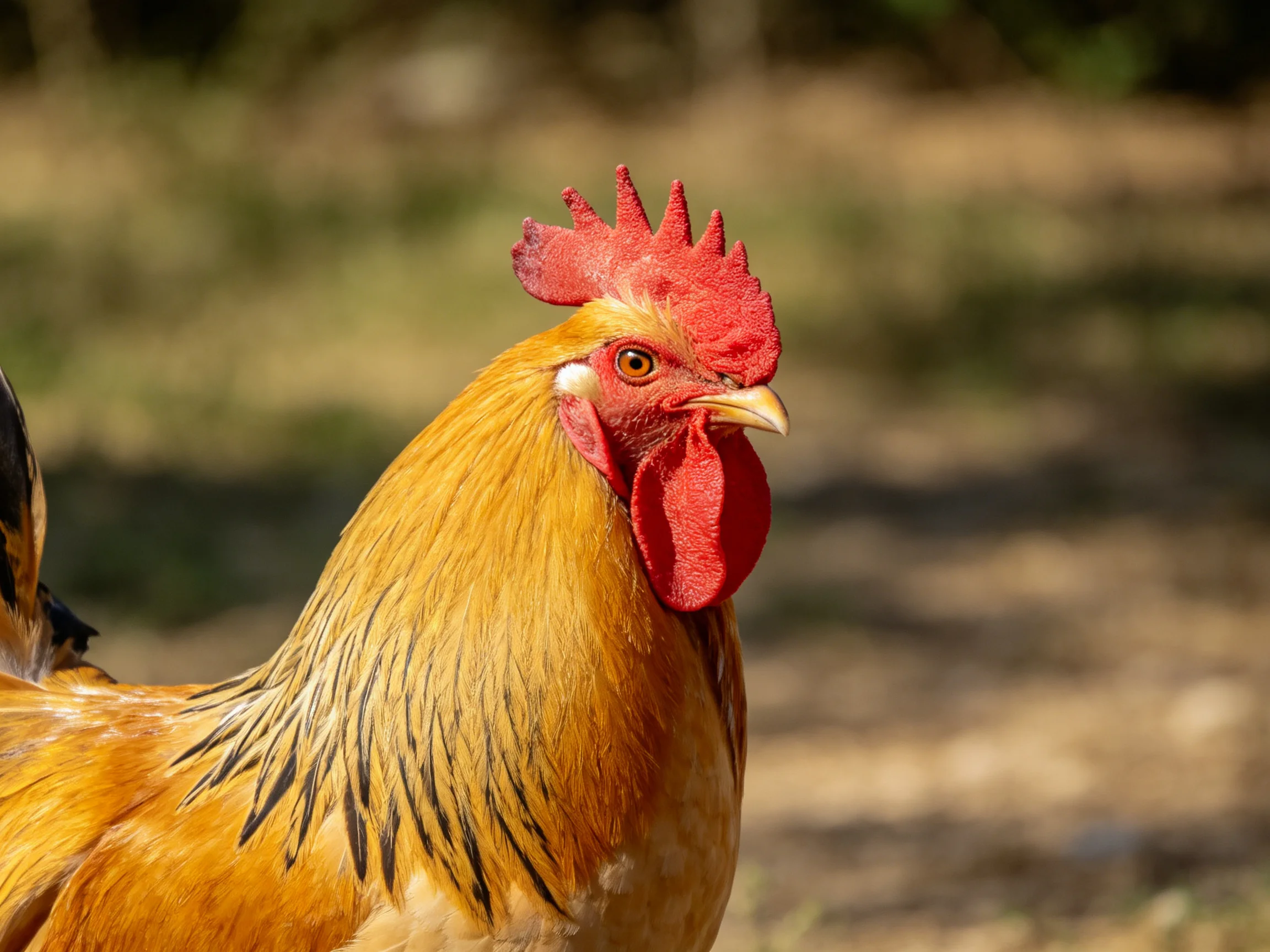 Rooster with golden plumage and red facial features in an outdoor space.