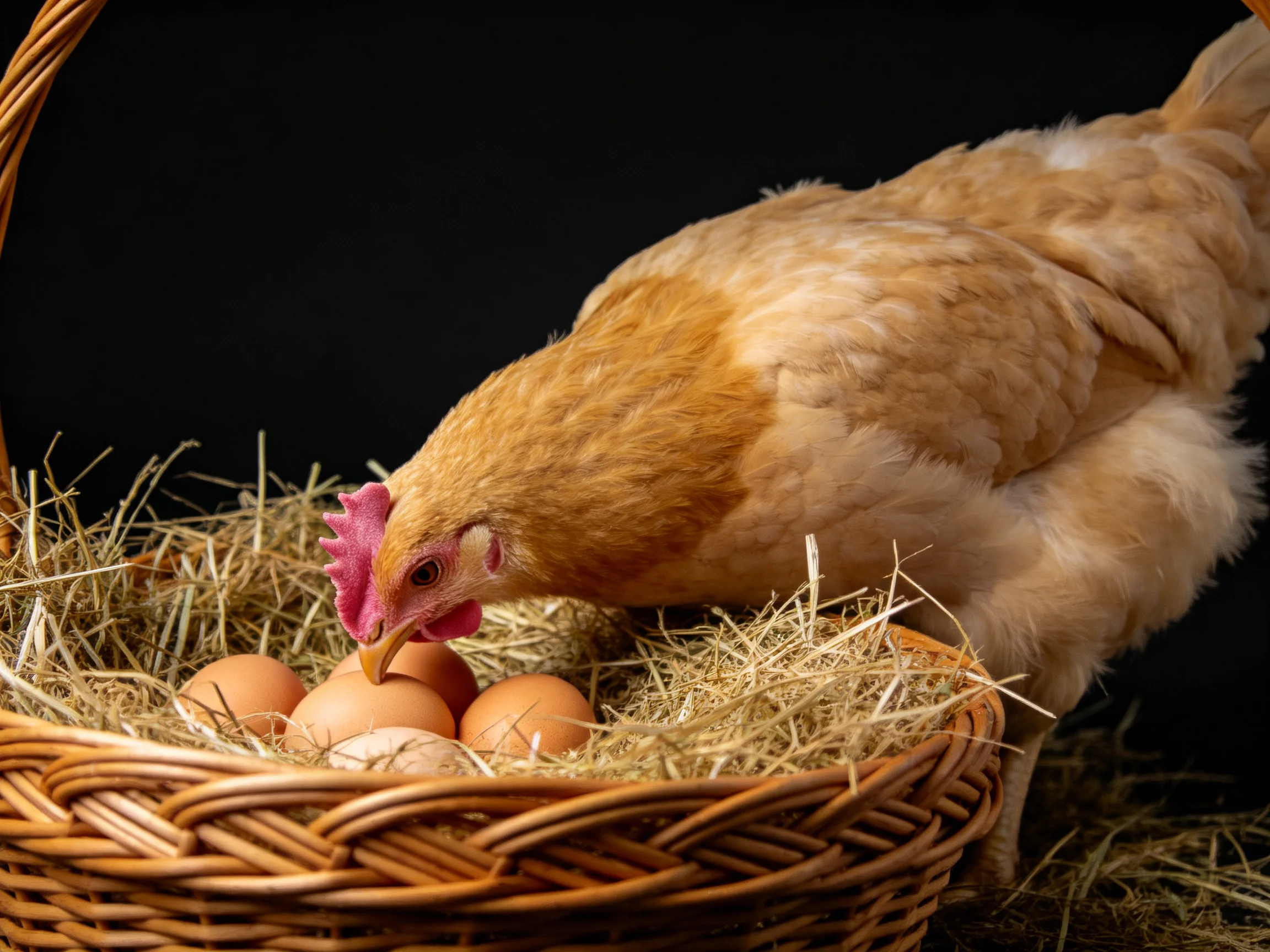 Golden hen pecking at brown eggs in straw-filled wicker basket