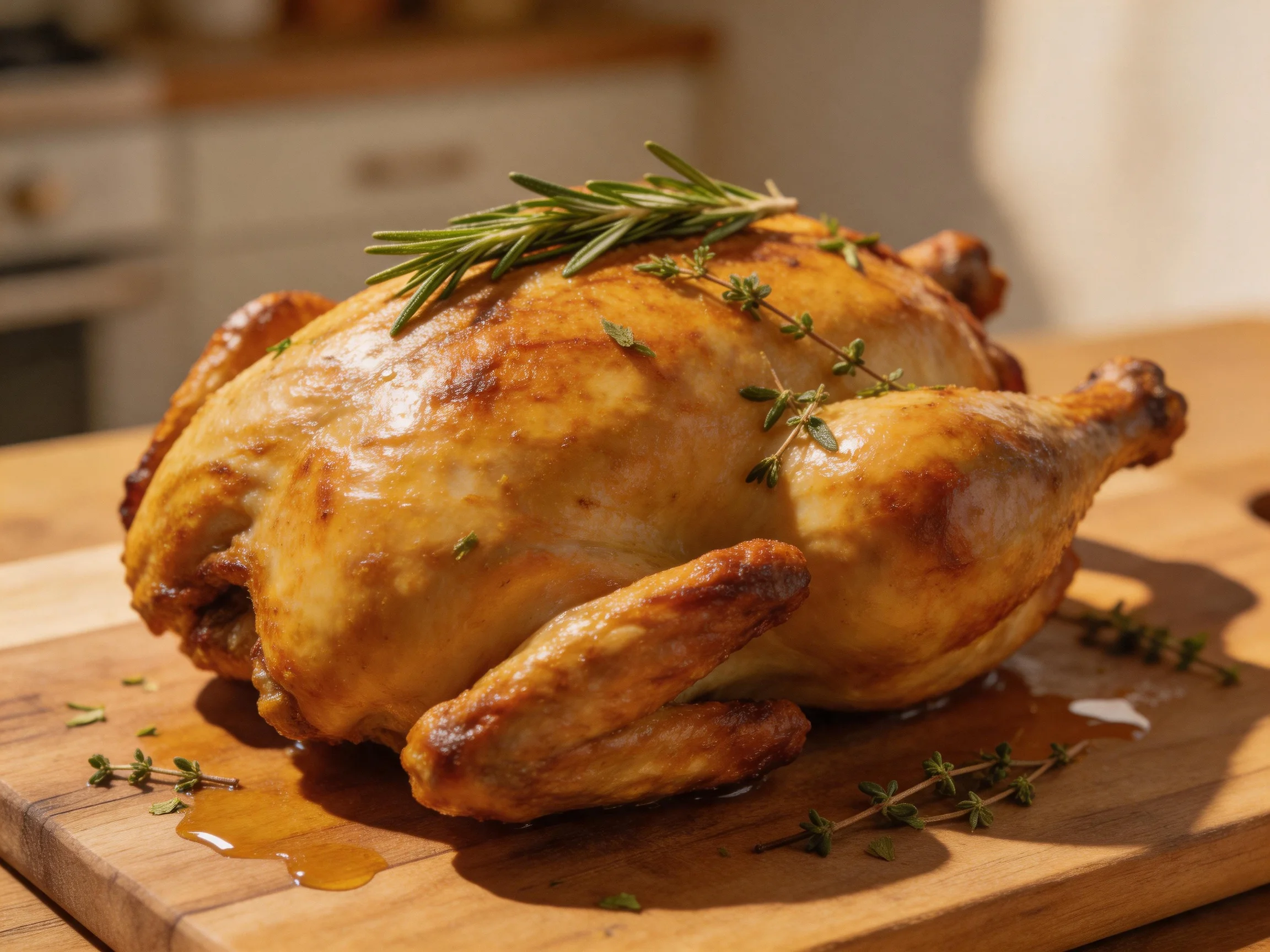 Golden-roasted chicken garnished with fresh herbs on a wooden cutting board