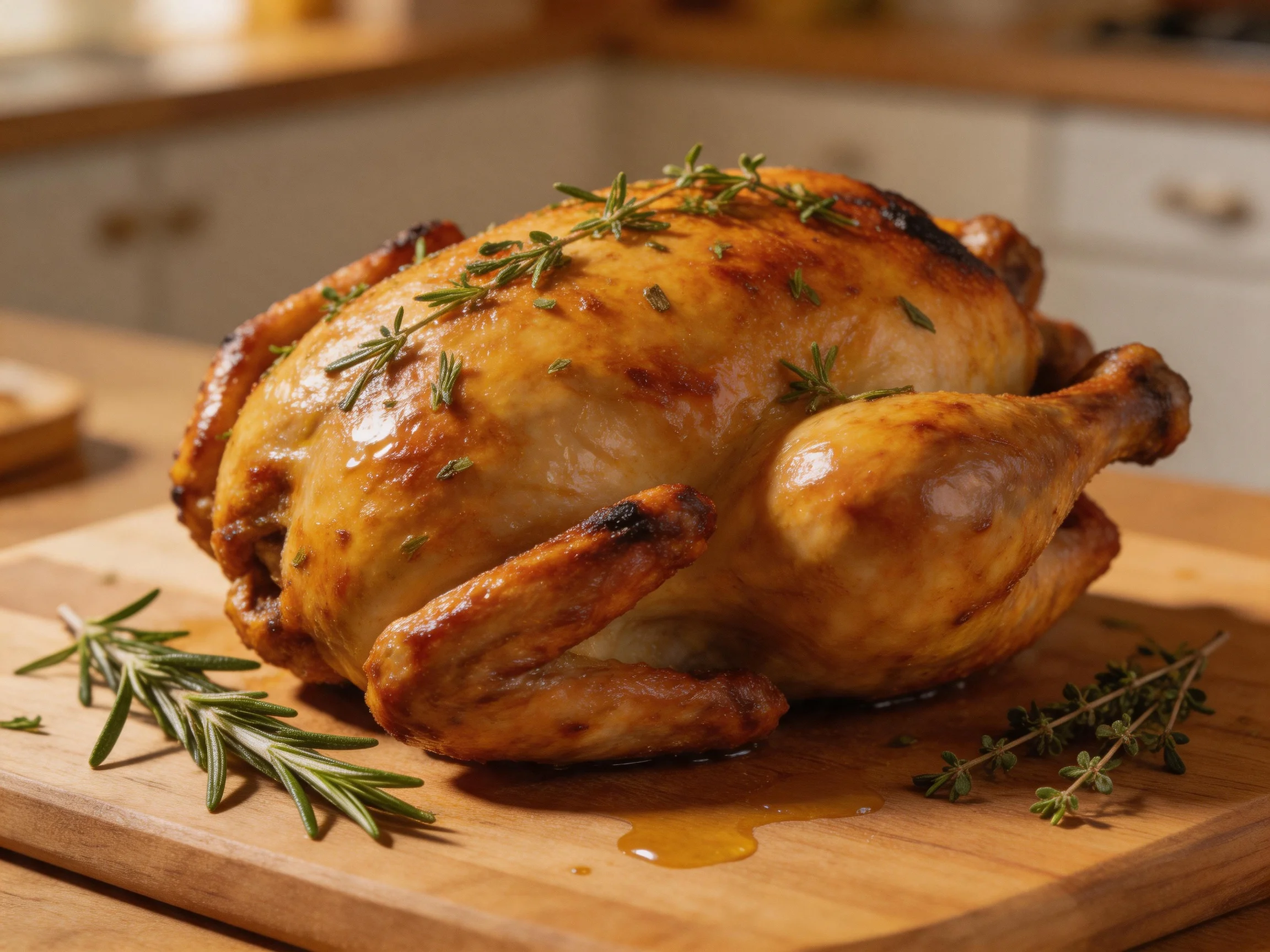 Golden-roasted chicken garnished with fresh herbs on a wooden cutting board