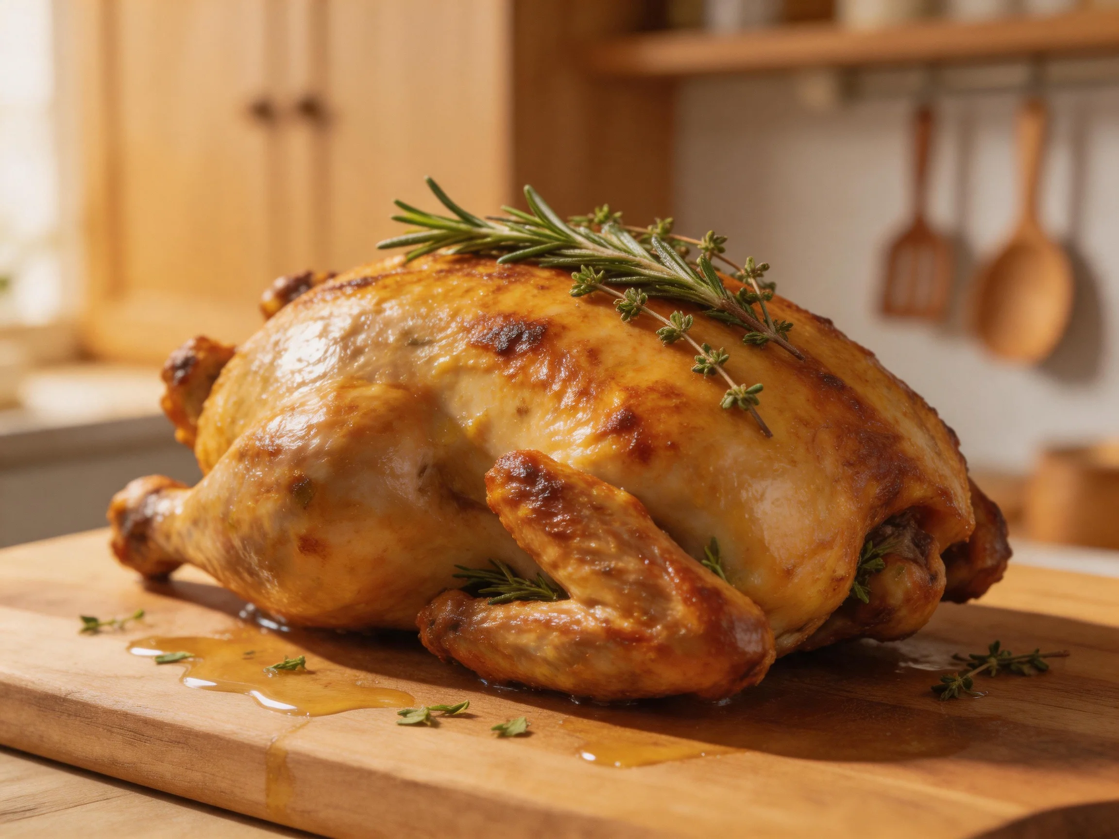 Golden-roasted chicken garnished with fresh herbs on wooden cutting board
