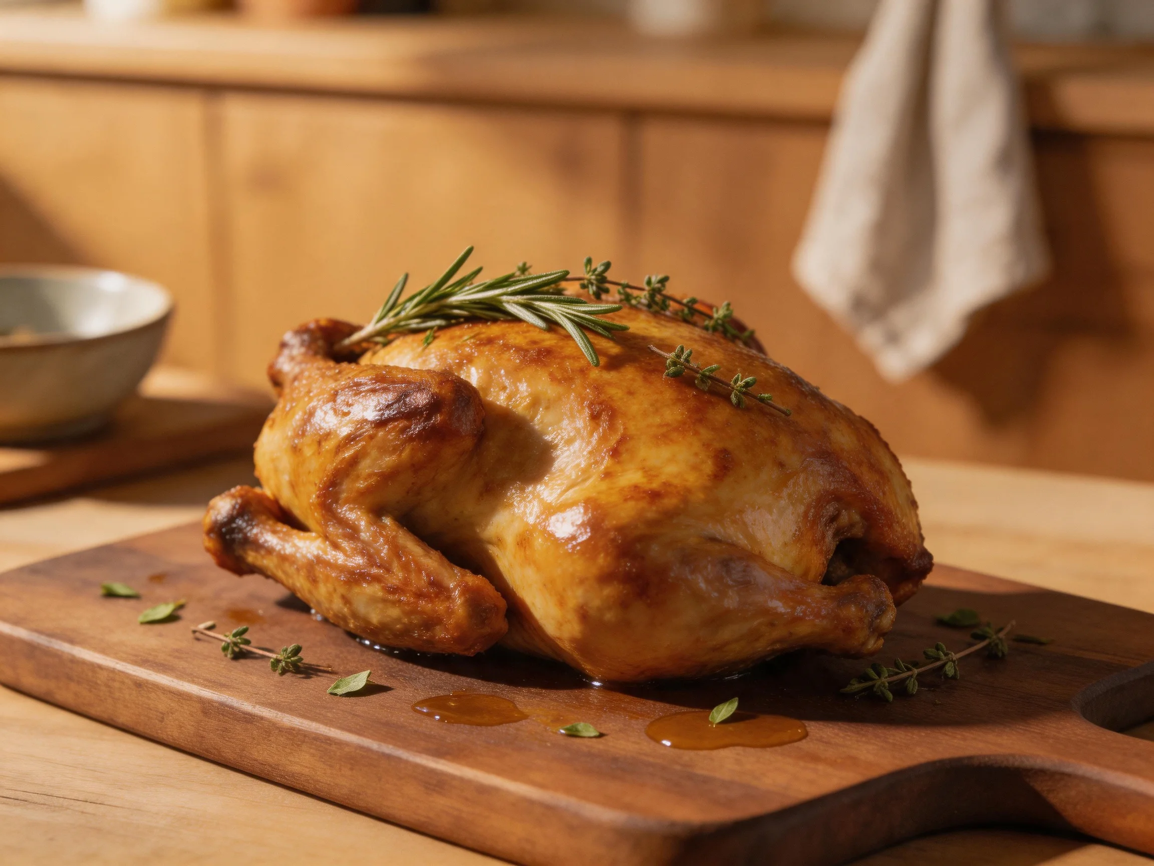 A golden roasted chicken garnished with herbs sits on a wooden cutting board in a cozy kitchen.