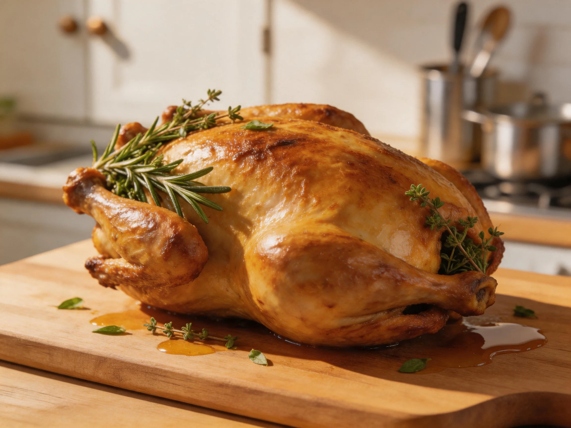 Golden roasted chicken garnished with herbs on a wooden cutting board