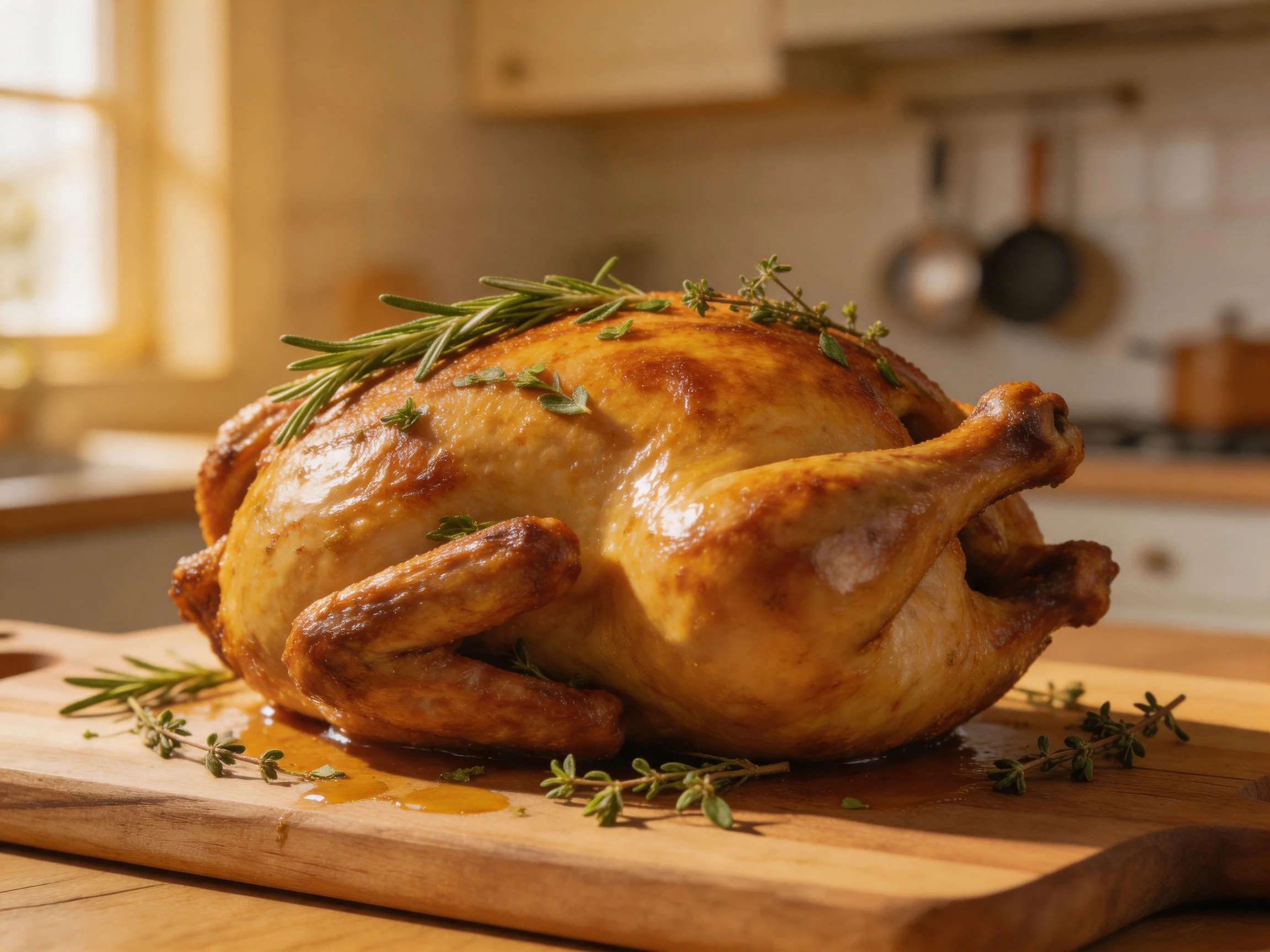 Golden-roasted chicken garnished with herbs on a wooden cutting board