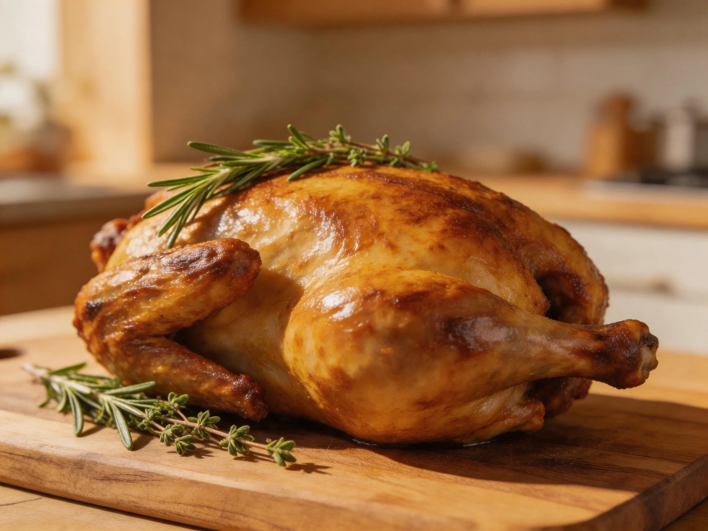 Golden-roasted chicken garnished with herbs on wooden board