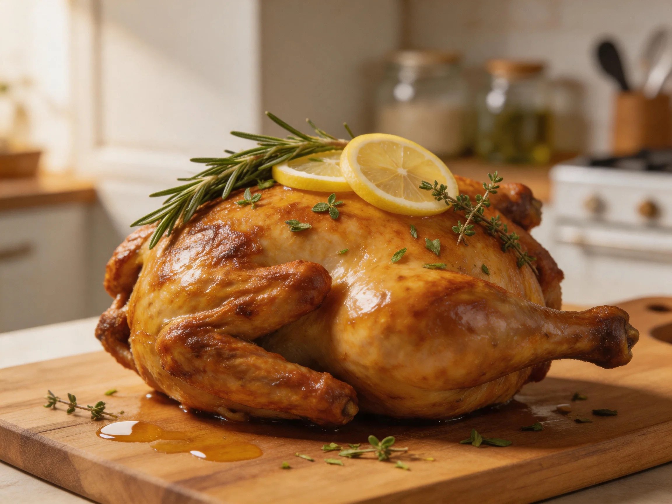 Golden-roasted chicken garnished with lemon, rosemary, and thyme on a wooden board